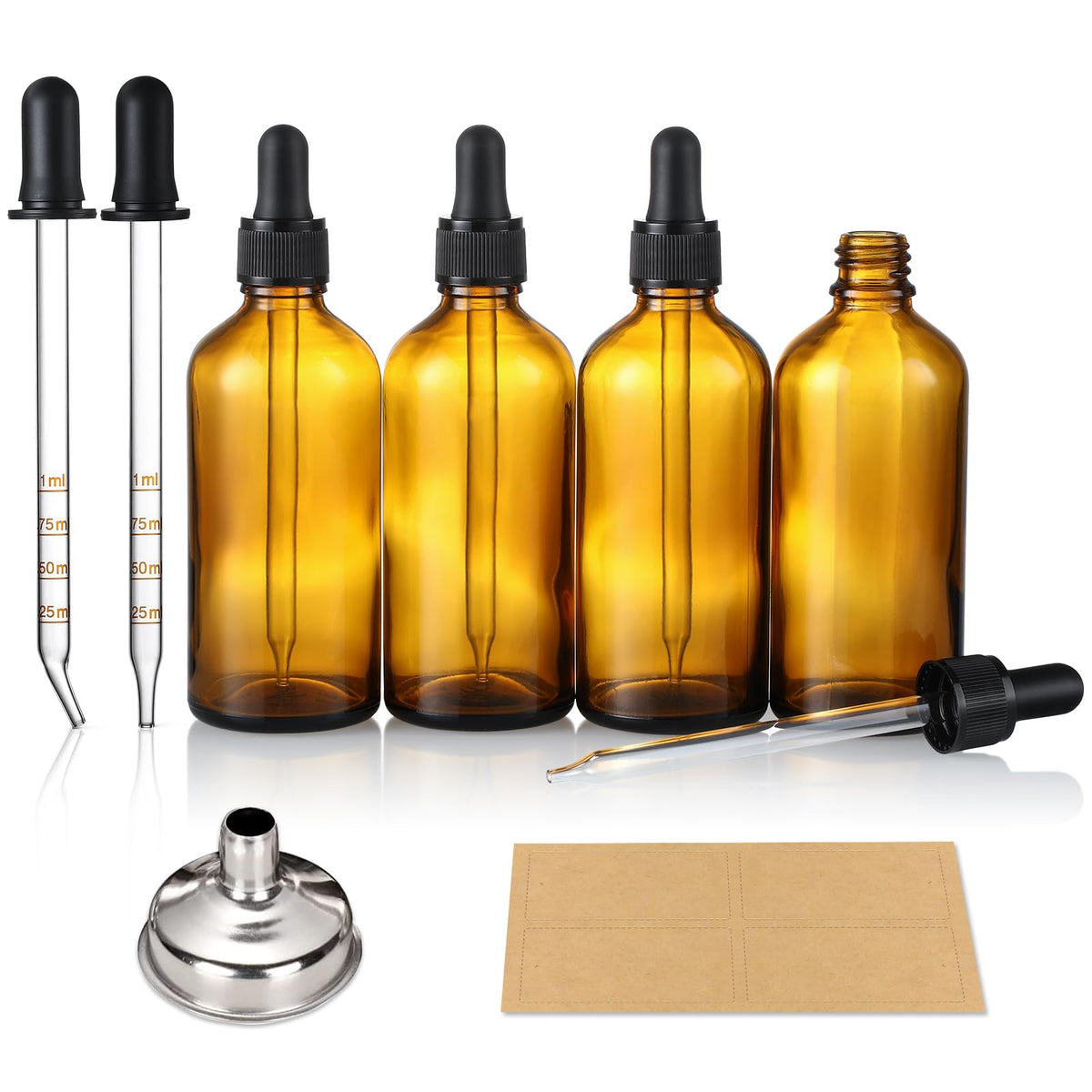 4 Pack, 4Oz Amber Glass Dropper Bottles Plus 2Pcs Graduated Calibrated Glass Pipettes (1Ml)- 120Ml Dark Brown Tincture Bottles W