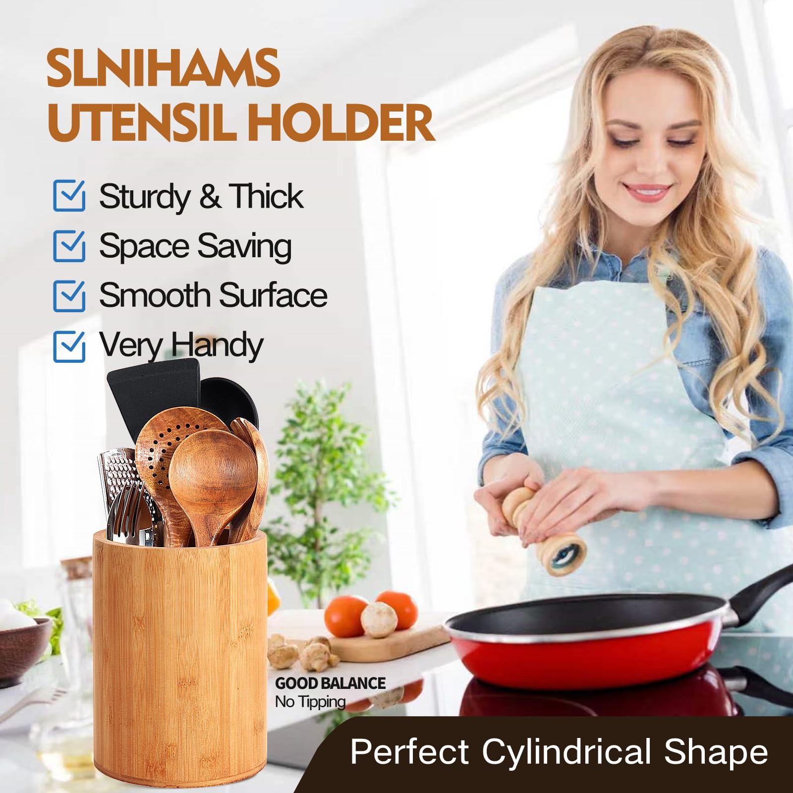 Bamboo Utensil Holder, Large Utensil Holders For Kitchen Counter, Bamboo Spoon And Chopstick Holder For Kitchen Decor, Flatware