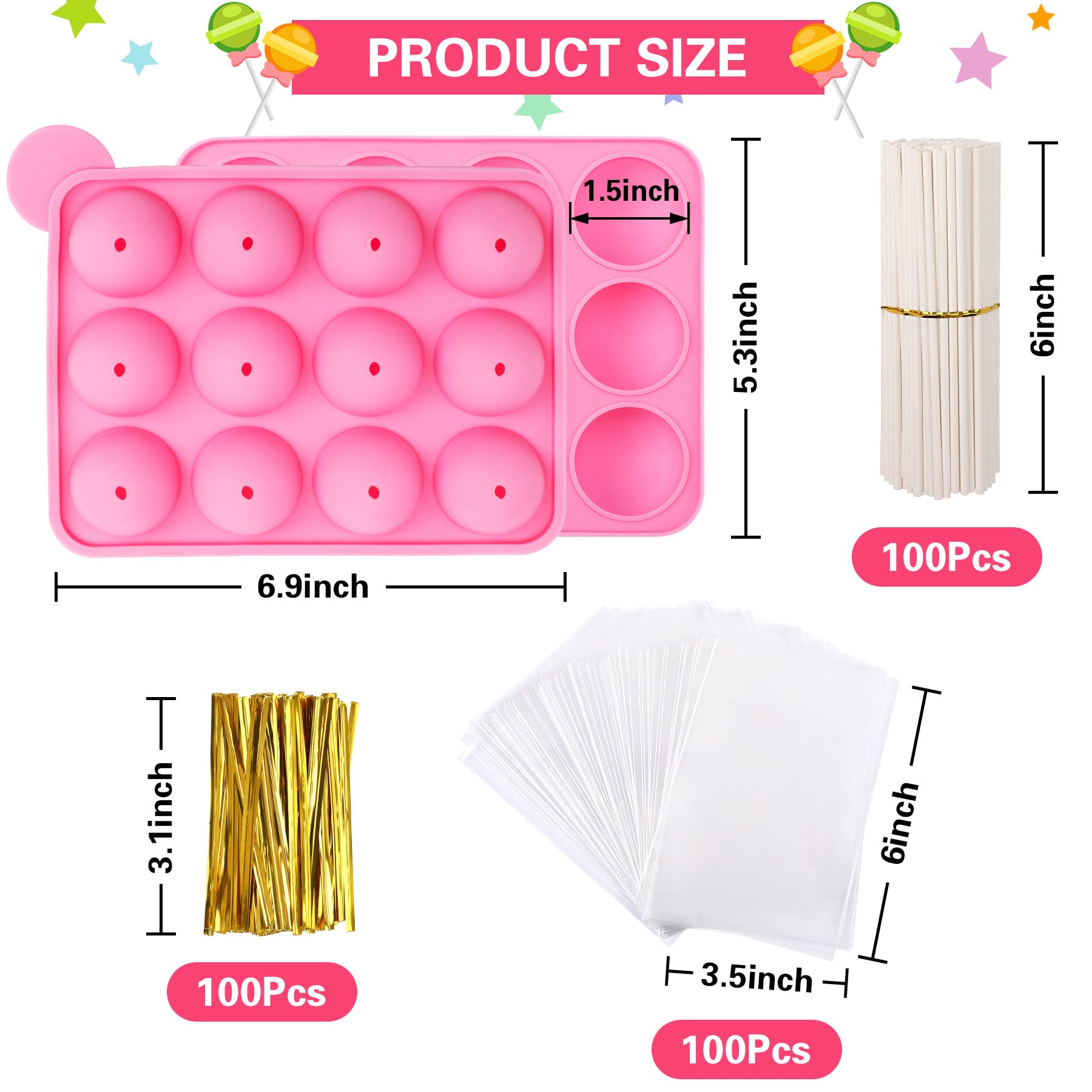 Julmelon Cake Pop Mold,12Pcs Capacity Silicone Cake Pop Mold Set, Cake Pop Maker With 100Pcs Cake Pop Sticks 100Pcs Candy Treat
