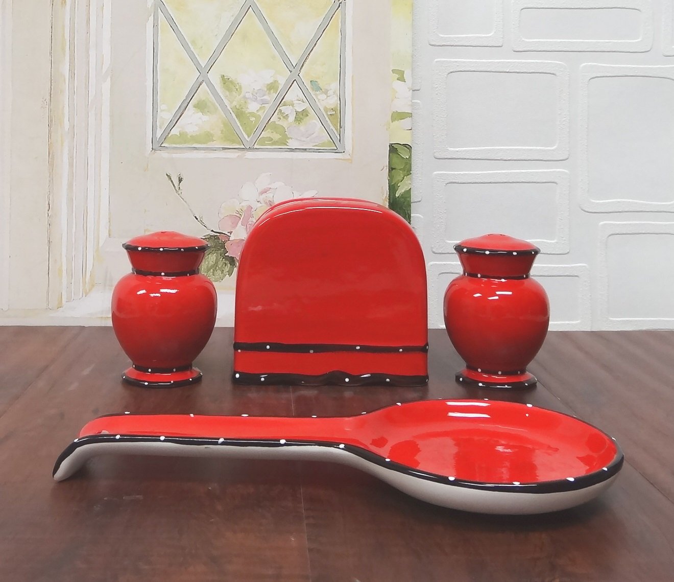 Tuscany Hand Painted Ruffle 4Pc Stove Top Set, Napkin, Salt, Pepper And Spoon Rest, Your Choice Of Color By Ack (Red)