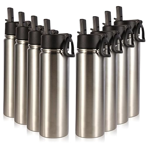 Volhoply Insulated Water Bottles with Straw Bulk 8 Pack  22 oz Stainless Steel Sports Bottle with Handle Lid  Vacuum Metal Travel Water Thermos with Wide Mouth  Reusable Cold Water Flask(Silver 8 Set)