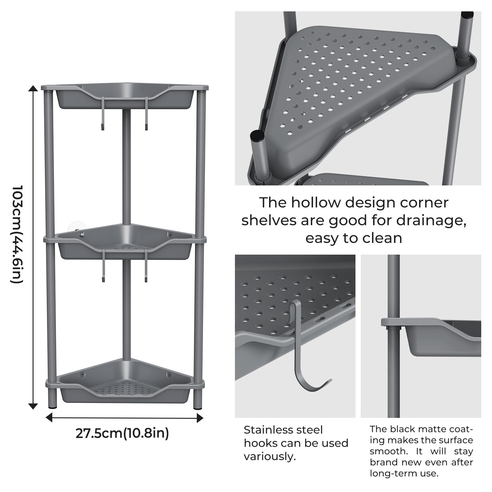 ODesign 3 Tier Corner Shower Caddy Organizer, Metal & Plastic, Gray, Model WP324