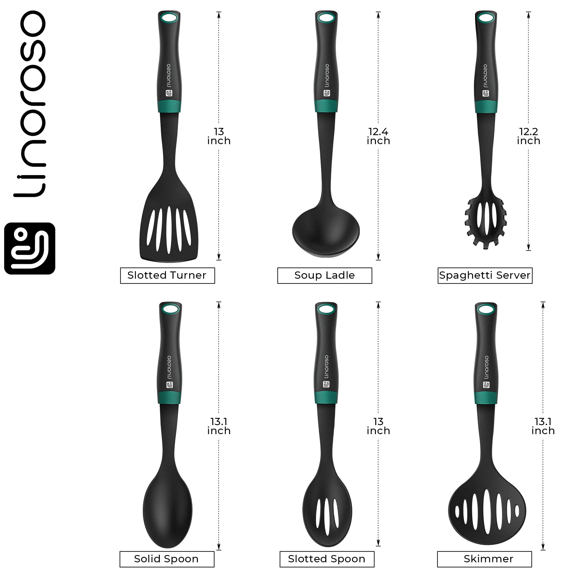 Linoroso Nylon Cooking Utensils Set, 7 Pieces Elevate Kitchen Utensil Set With Exquisite Rotating Stand, Innovative Weighted Han