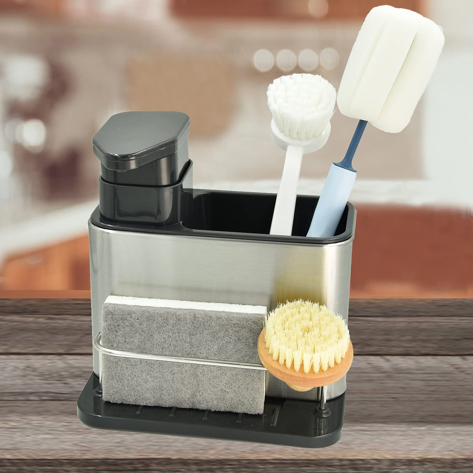 Wskc Soap Dispenser With Sponge Holder And Brush Holder, Kitchen Dish Soap Pump Sink Caddy For Countertop, Stainless Steel