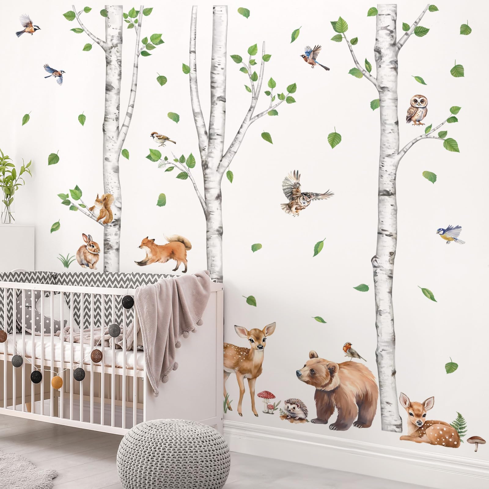 Wondever Large Birch Tree Animals Wall Stickers Forest Owl Fox Bear Deer Peel And Stick Wall Art Decals For Baby Nursery Kids Be