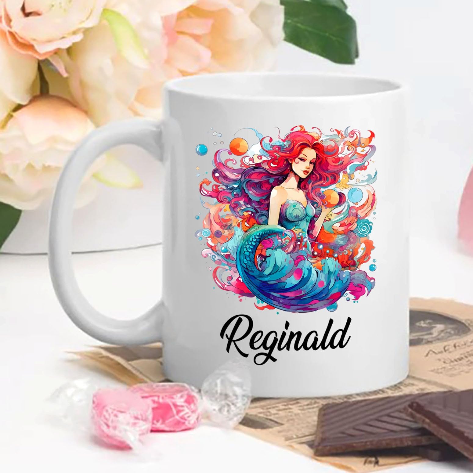 Personalized Name Mermaid Coffee Mug Cup Gift For Girlfriend Women Birthday, Customized Mermaid White Ceramic Mug 11 15 Oz, Uniq