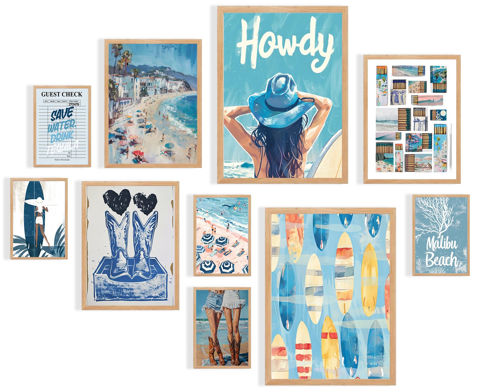 Kbkbart Coastal Cowgirl Room Decor Aesthetic Set Of 10, Coastal Granddaughter Room Decor, Blue Collage Coastal Cowgirl Wall Art