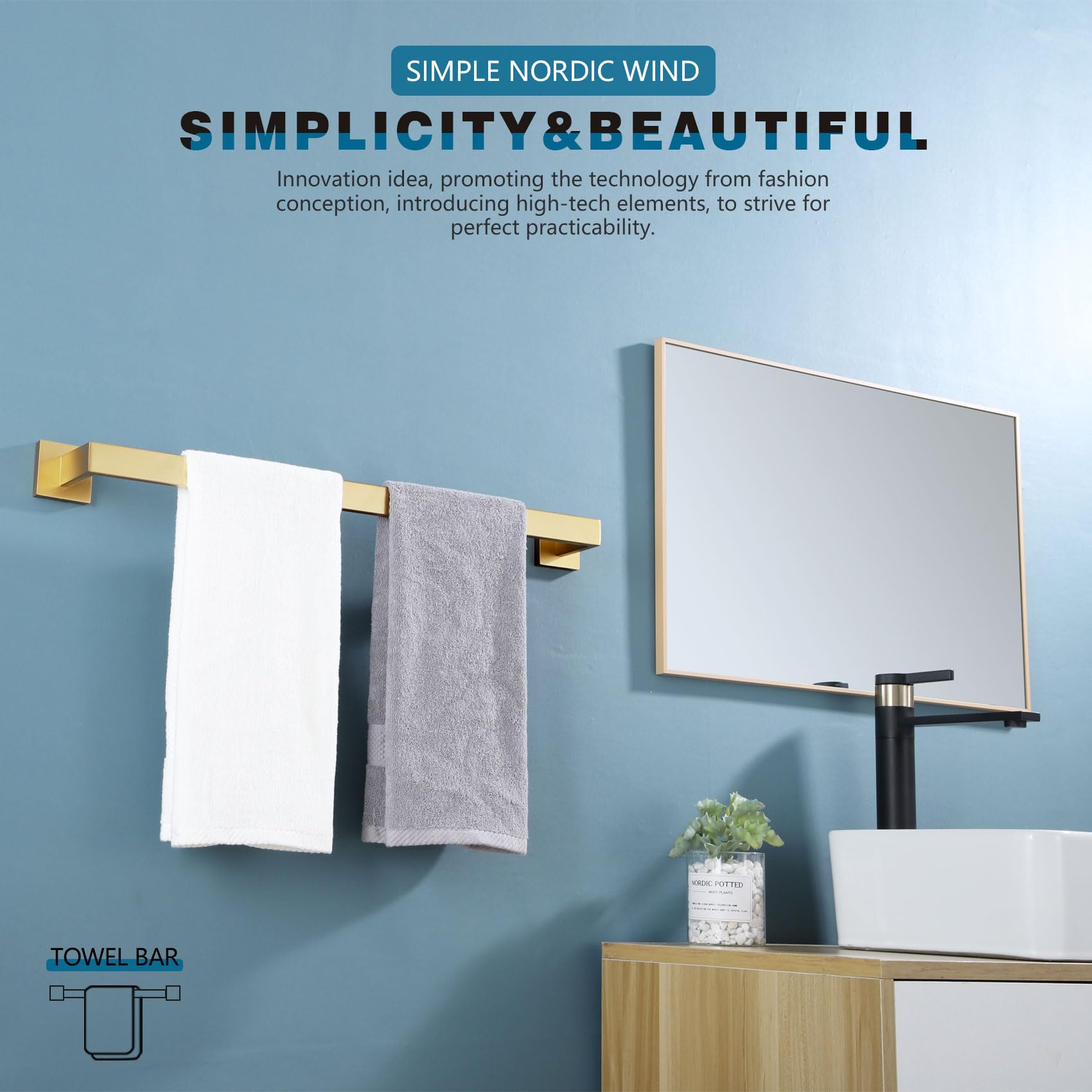 Kokosiri 24-Inch Single Towel Bar, Bathroom Kitchen Towel Holder, Wall Mounted Sus304 Stainless Steel Towel Rack, Brushed Gold,