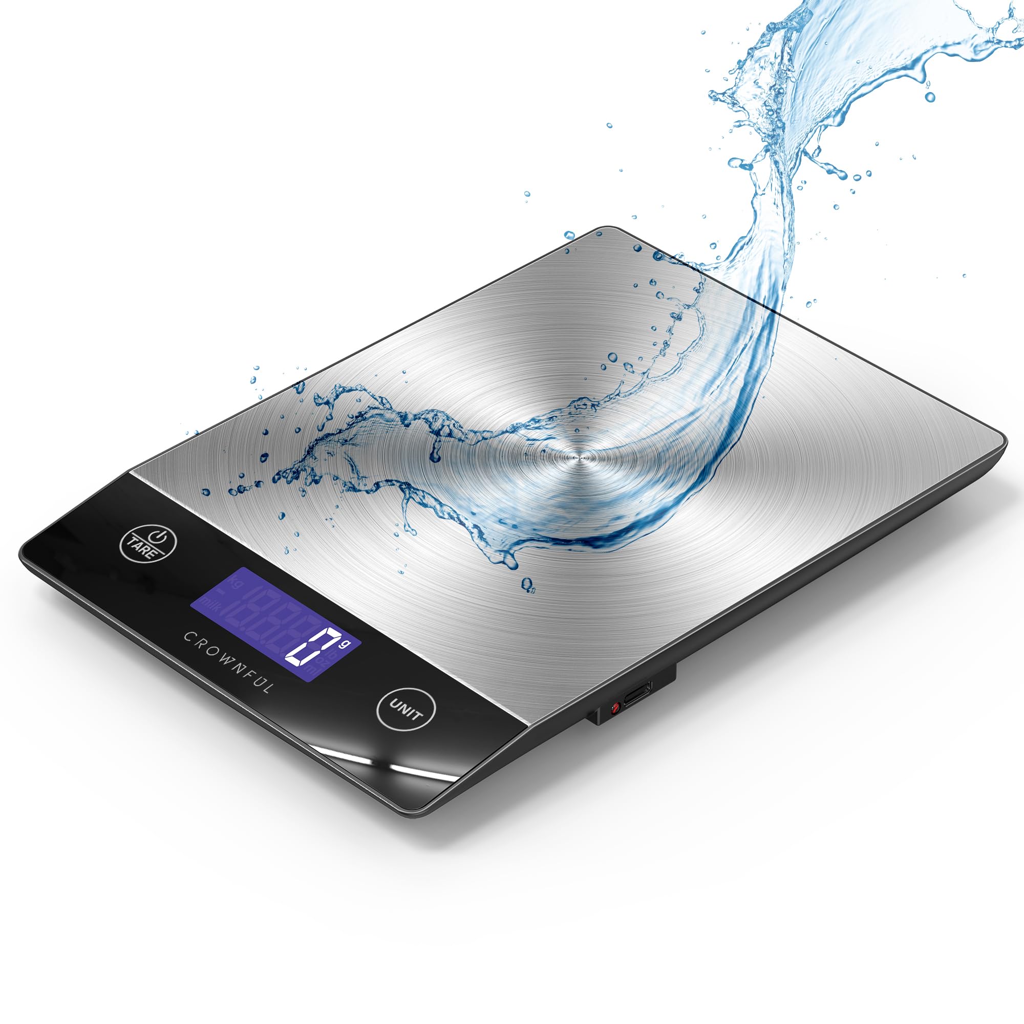CROWNFUL Food Scale, Rechargeable 304 Stainless Steel Digital Kitchen Scale Upto 33lb Weight Grams and Ounces with LCD Display a