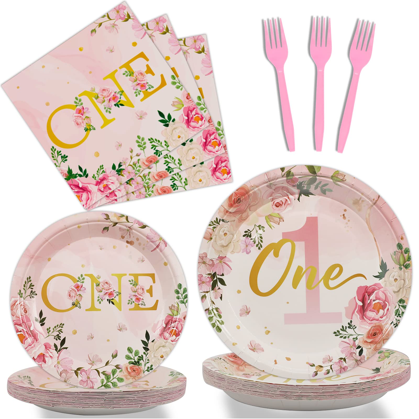 96Pcs 1St Birthday Party Supplies Girls One Birthday Plates Napkins Dinnerware First Year Floral Birthday One Year Tableware Dec