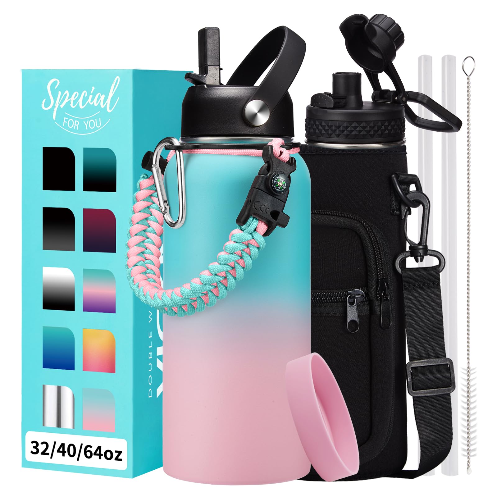 32/40/64 OZ Water Bottle with Straw - Spout Lid, Kepp Cold-48H Hot-24H, Insulated Water Bottles with Strap Carrier Bag, Paracord