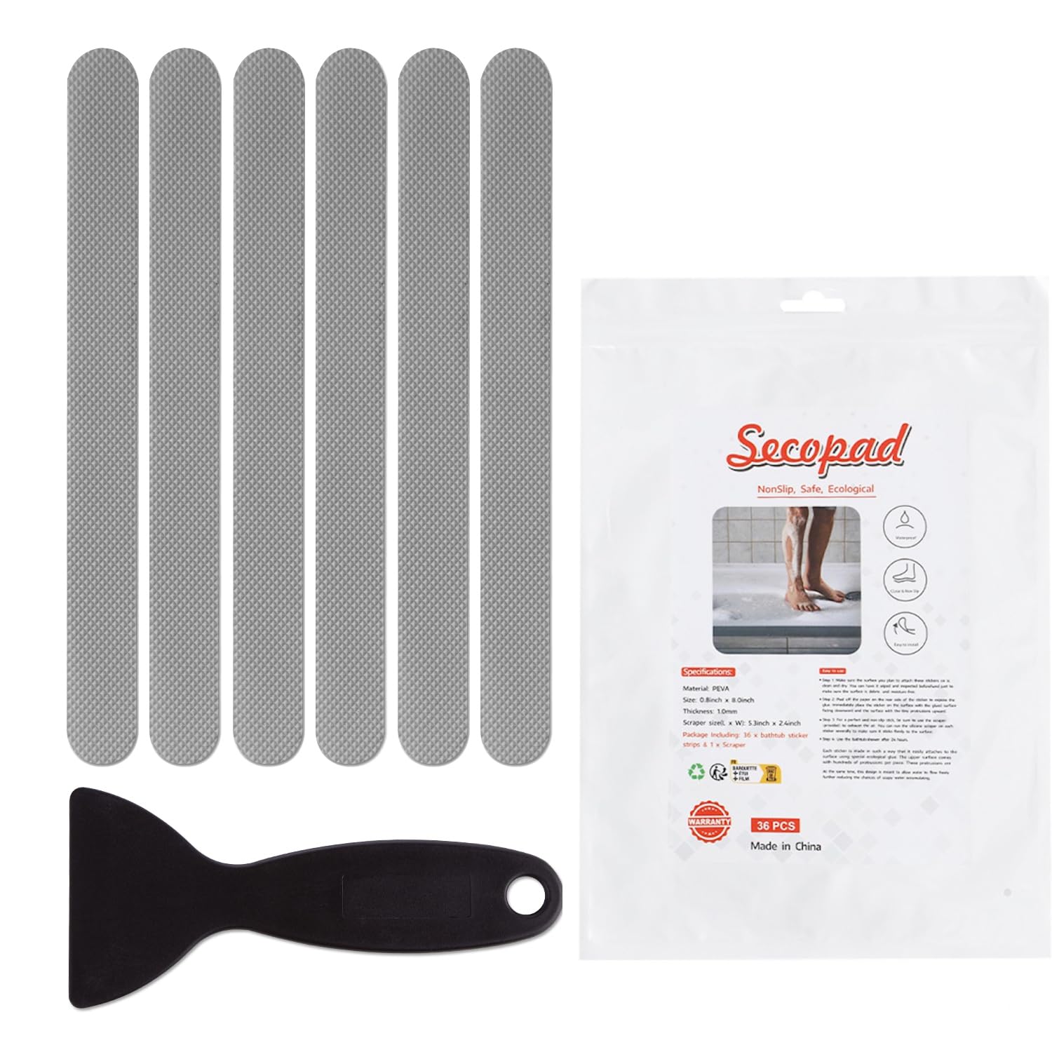 Secopad 36Pcs Non Slip Bathtub Stickers, Shower Floor Non Slip Grip Stickers With Premium Scraper(Grey)