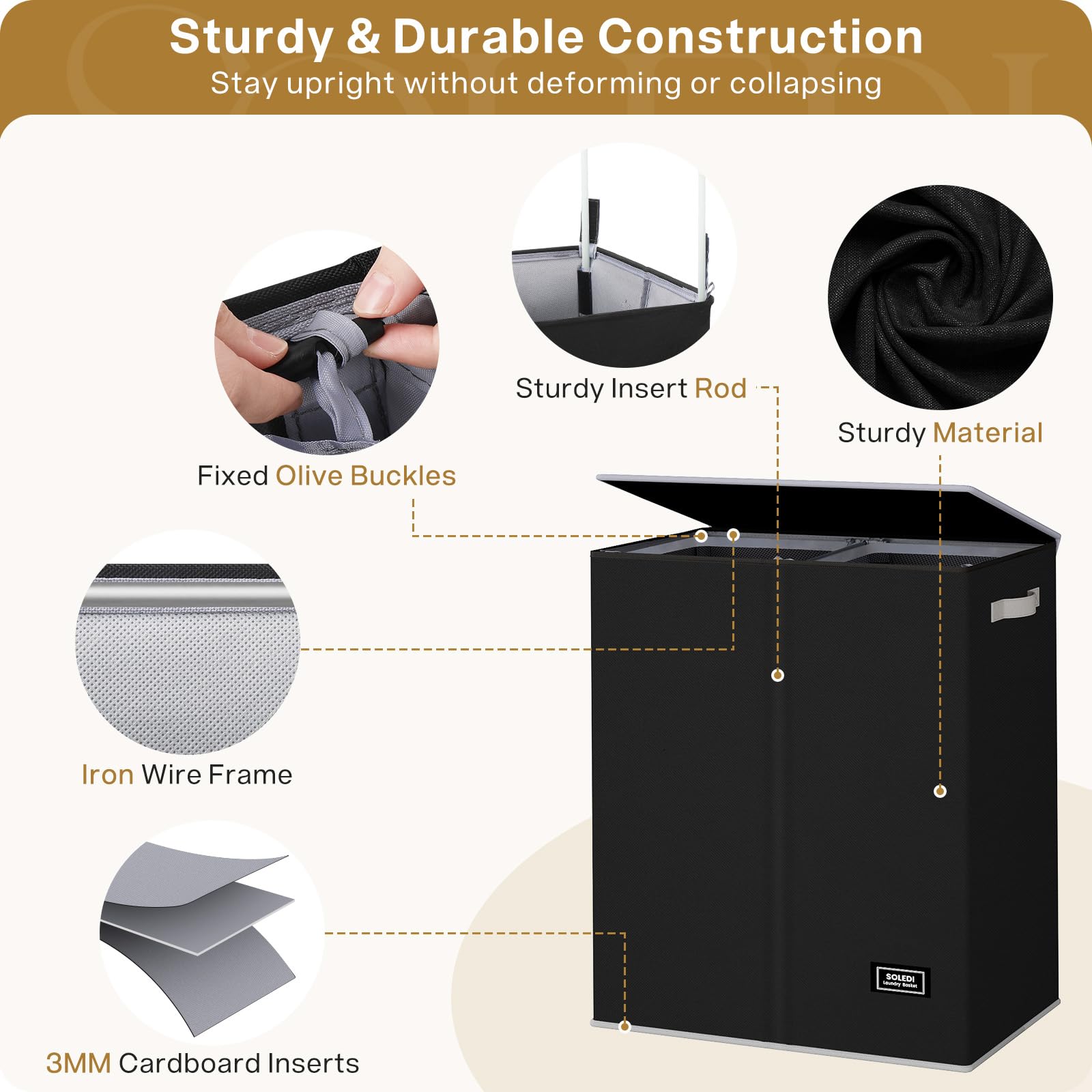 SOLEDI Double Laundry Hamper with Lid and Removable Laundry Bags - Large Dirty Clothes Hamper 2 Section - Collapsible Laundry Baskets for Bedroom  Bathroom  Laundry room  Apartment  Black