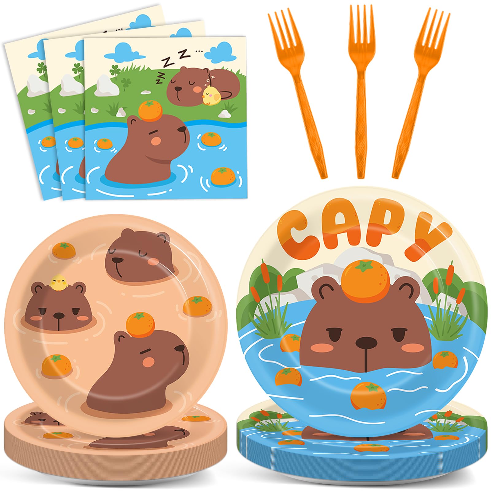 Obusatt 96Pcs Capybara Birthday Party Supplies Capybara Paper Plates Napkins Capybara Party Decorations Zoo Pals Dinnerware Part