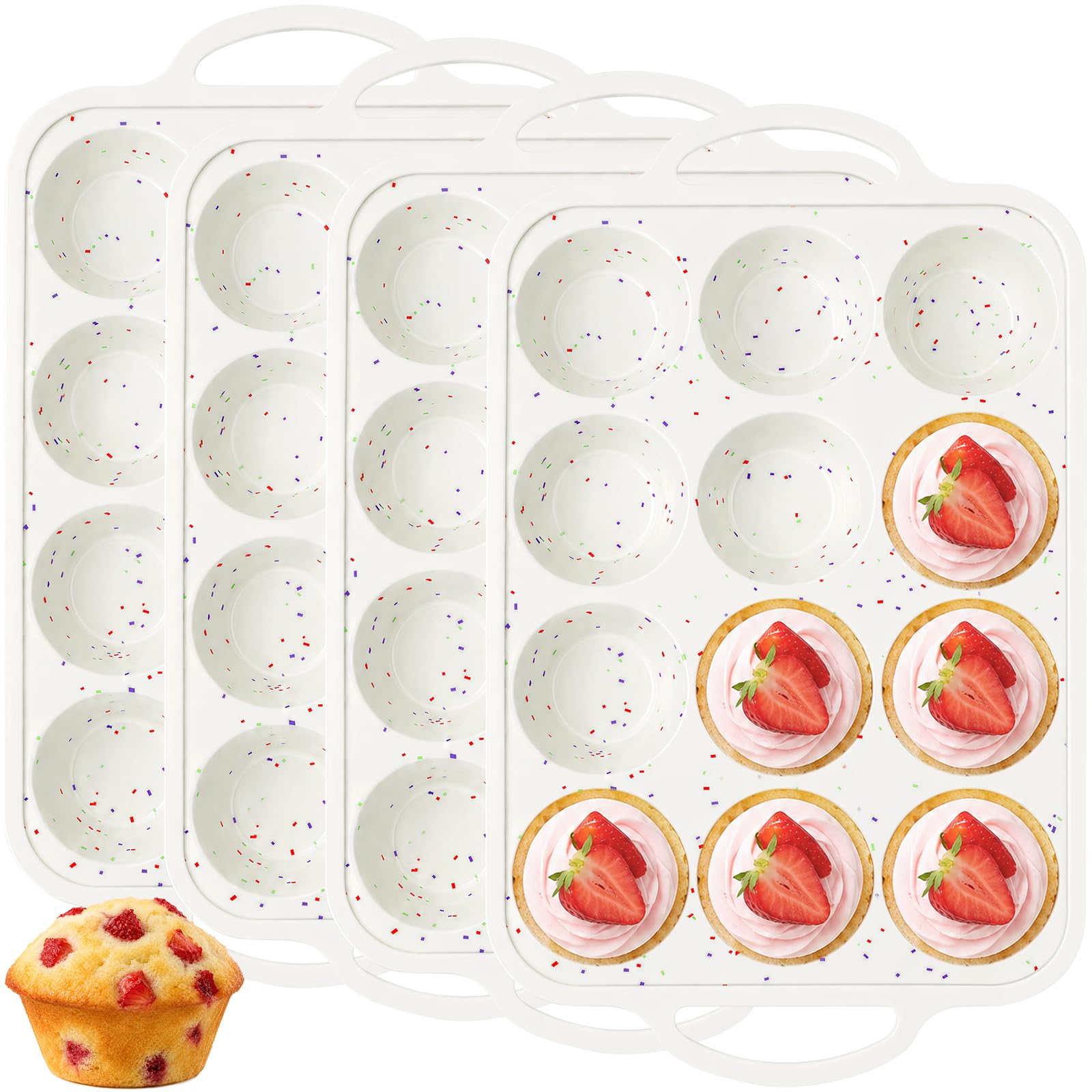 ATZNZIK 4 Pack Silicone Muffin Pans for Baking with Metal Reinforced Frame, 12 Cup Regular Cupcake Pan, Silicone Muffin Cups Cup