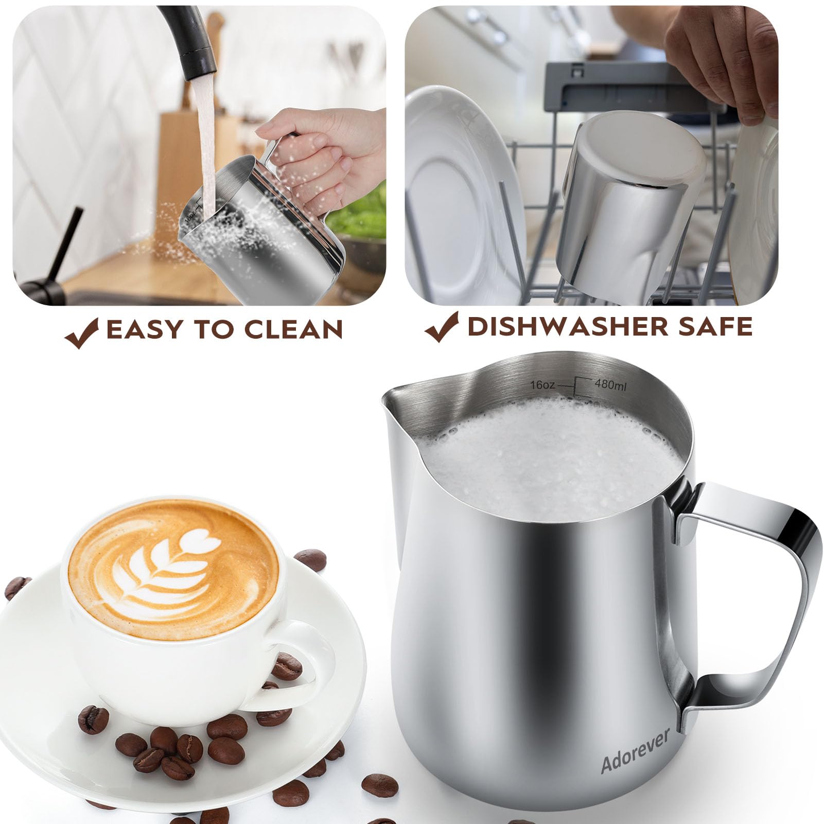 Adorever Milk Frothing Pitcher, 16Oz 480Ml Milk Frother Cup Stainless Steel Steaming Pitcher, Coffee Bar Cappuccino Espresso Mac