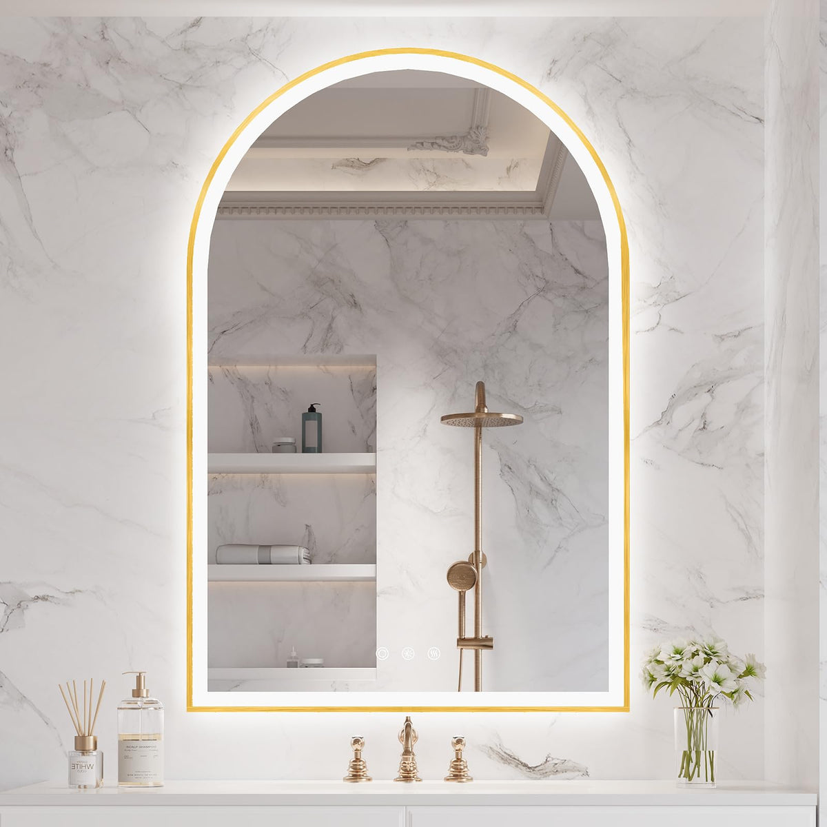 Oumusu Arched Led Bathroom Mirror 24''X36'' With Front And Backlight, Gold Bathroom Mirror With Lights-Anti-Fog, Dimmable-Led Mi