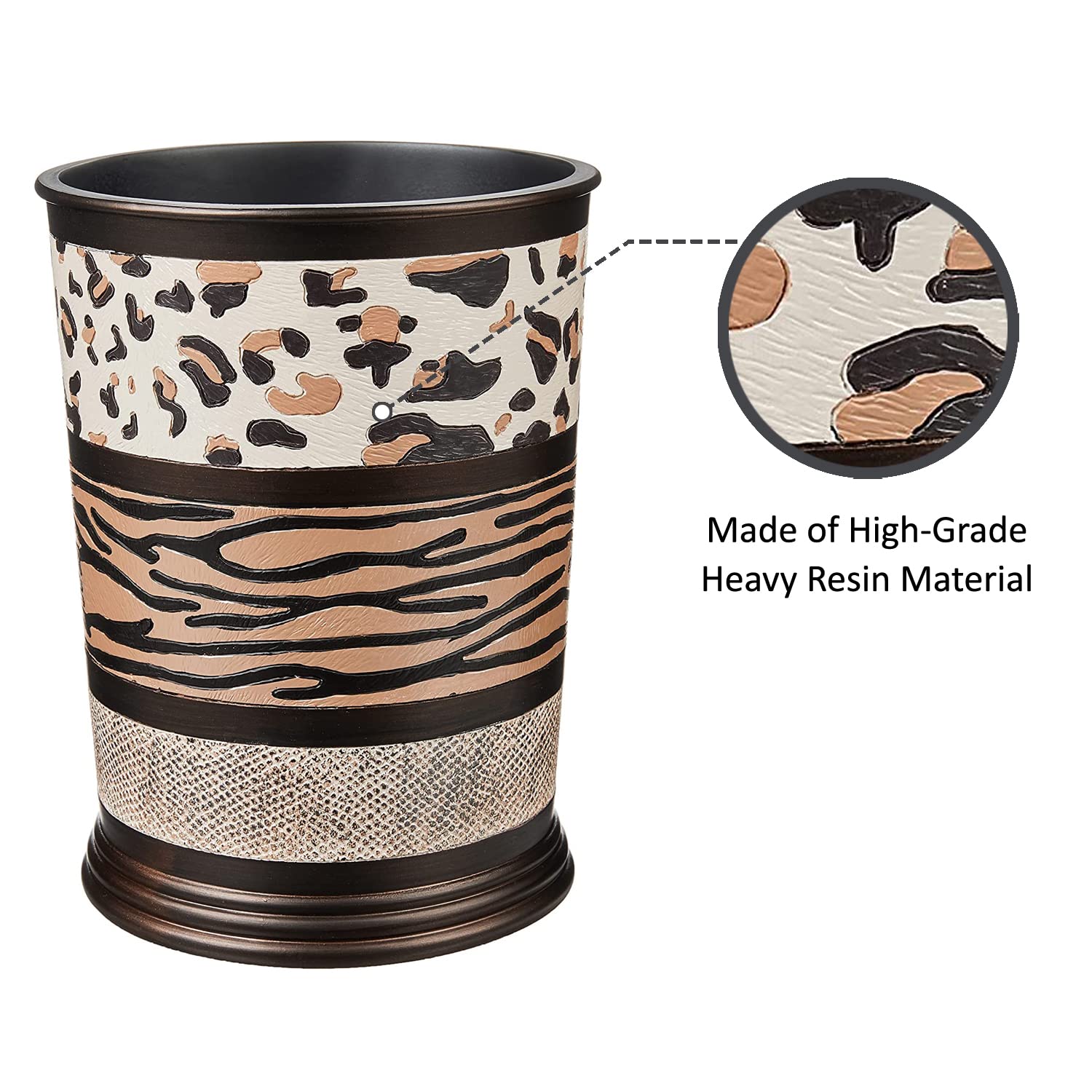 Popular Bath Jezella Collection Animal Print Trash Can, Multicolor, Resin Material, Open-Top, 9'' X 6'' X 9.5''