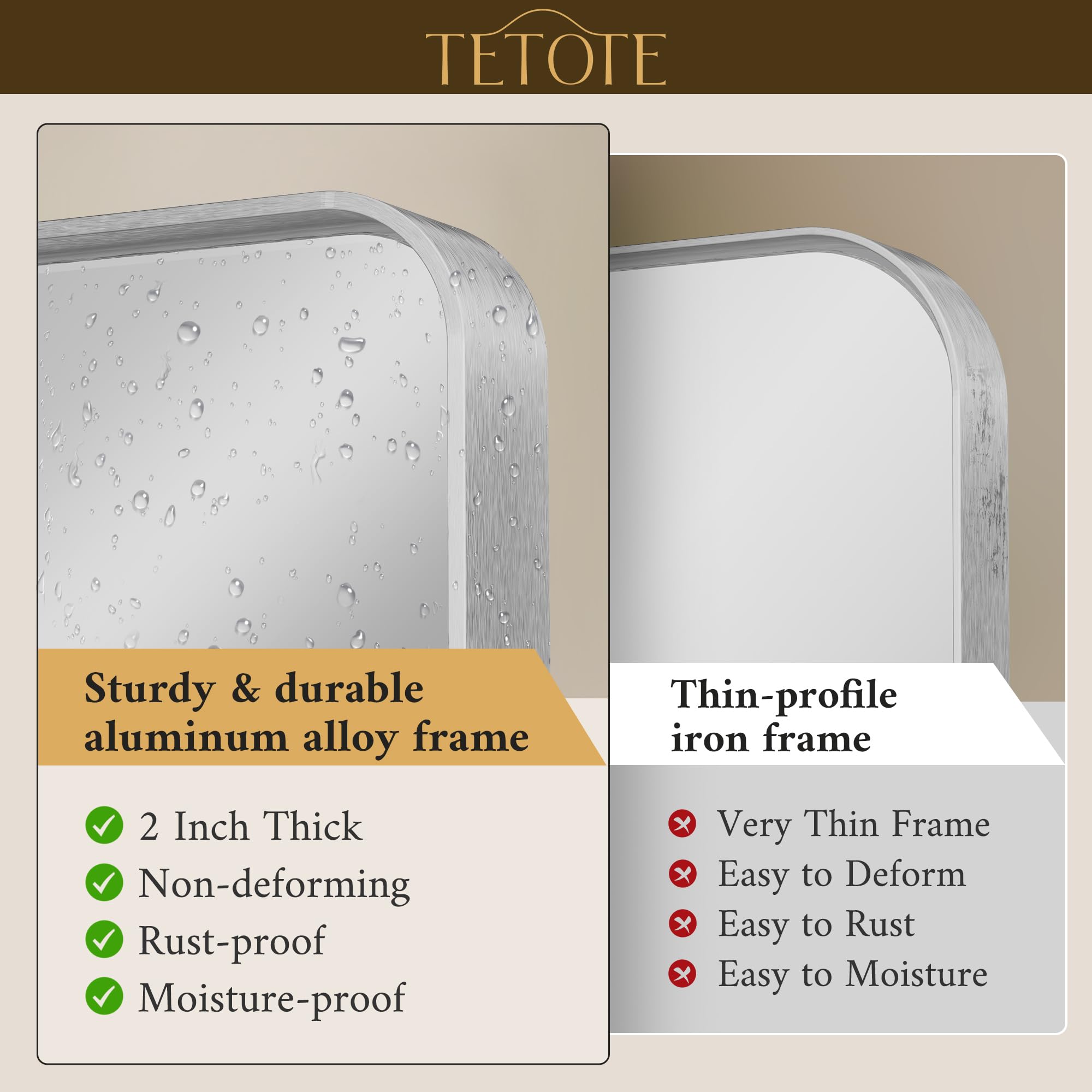 Tetote 40 X 30 Inch Bathroom Mirror, Silver Framed Wall Mounted Brushed Silver Metal Rectangle Modern Vanity Mirror (Horizontal/