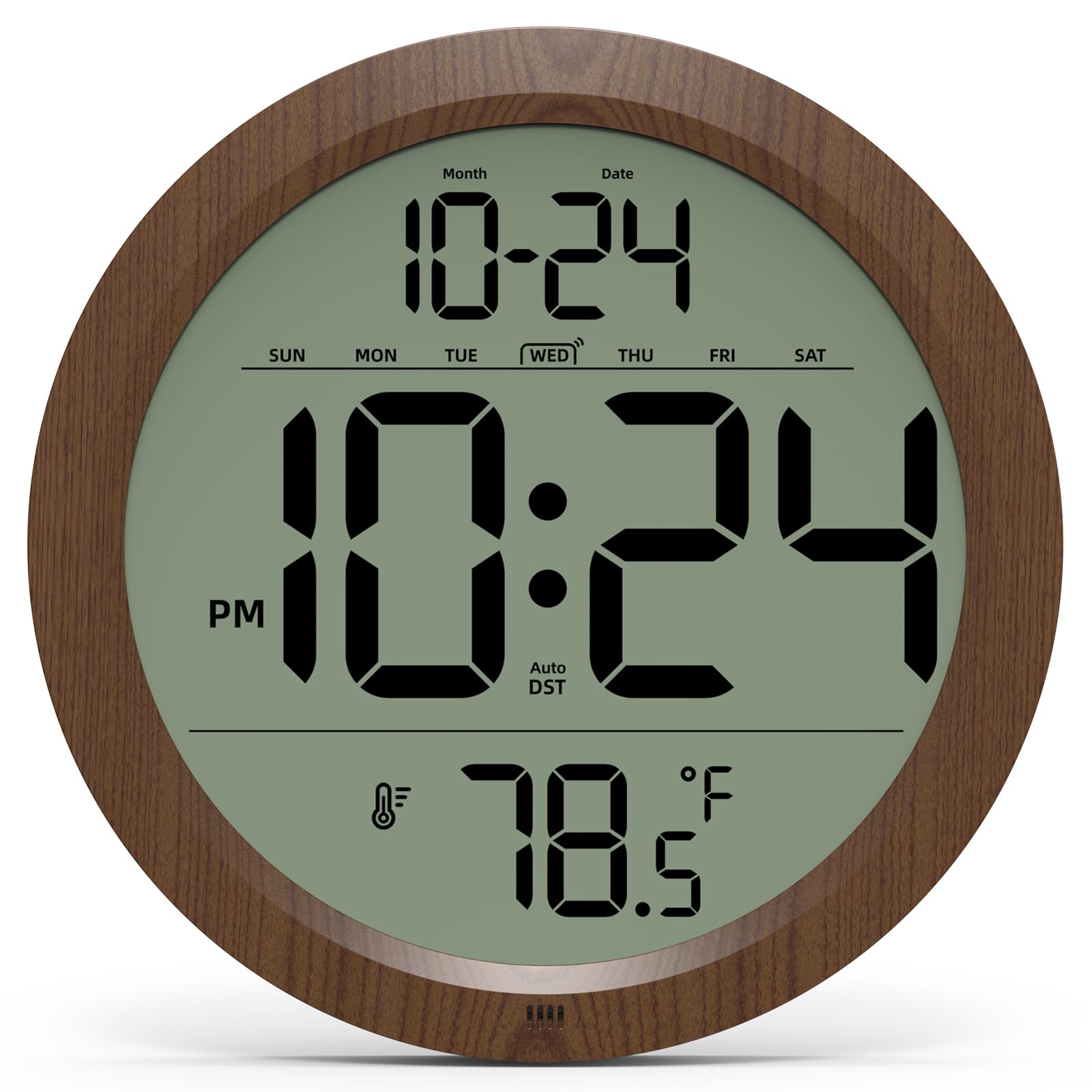 Digital Wall Clock With Date, Indoor Temperature, Auto-Dst, Battery-Operated Digital Clock, 8 Inch Small Decorative Wood Wall Cl