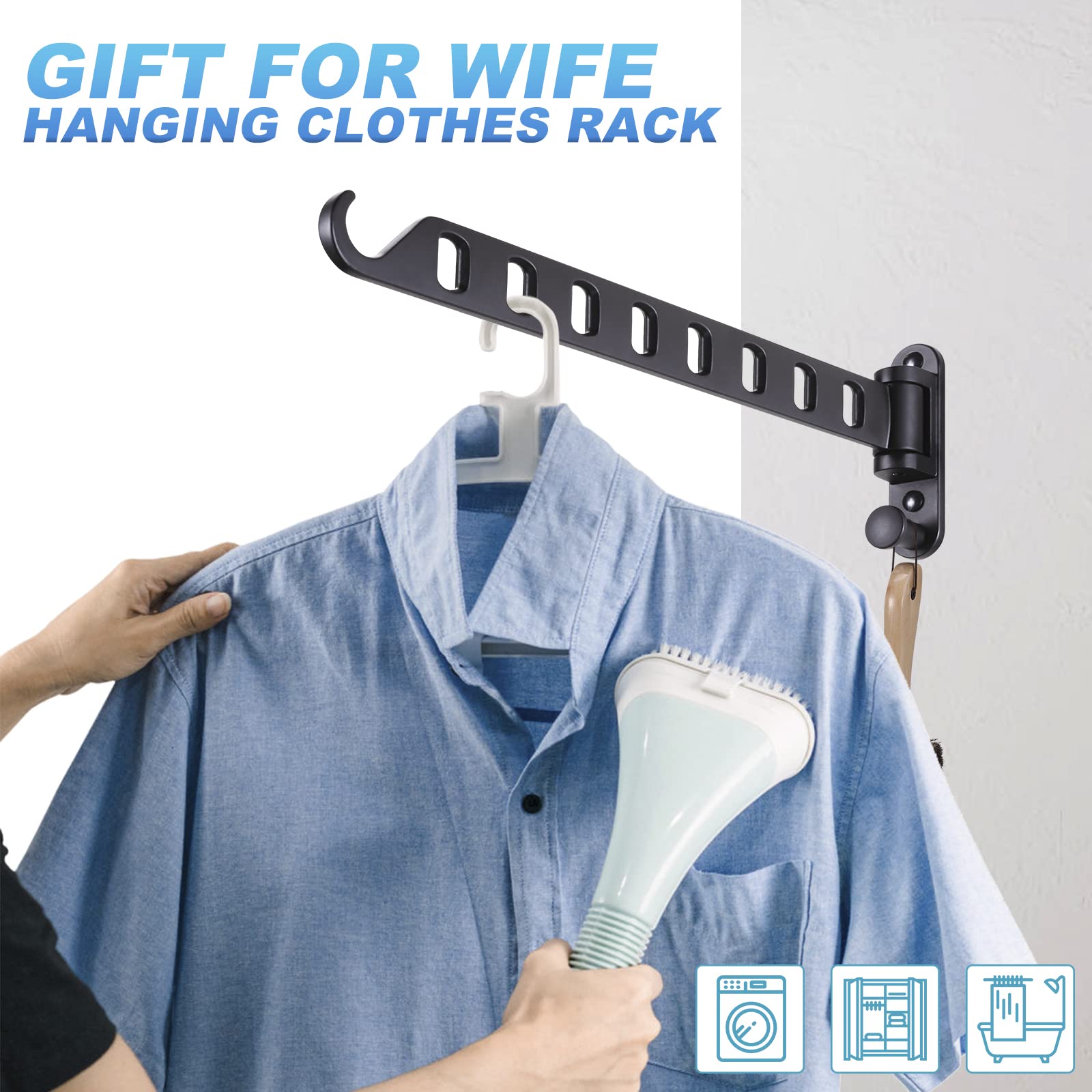 Skiken Swing Arm Clothes Hanger Rack Wall Mount, 8 Holes Hanging Rack, Laundry Room Drying Rack, 180Rotation, Swing Away Hanger