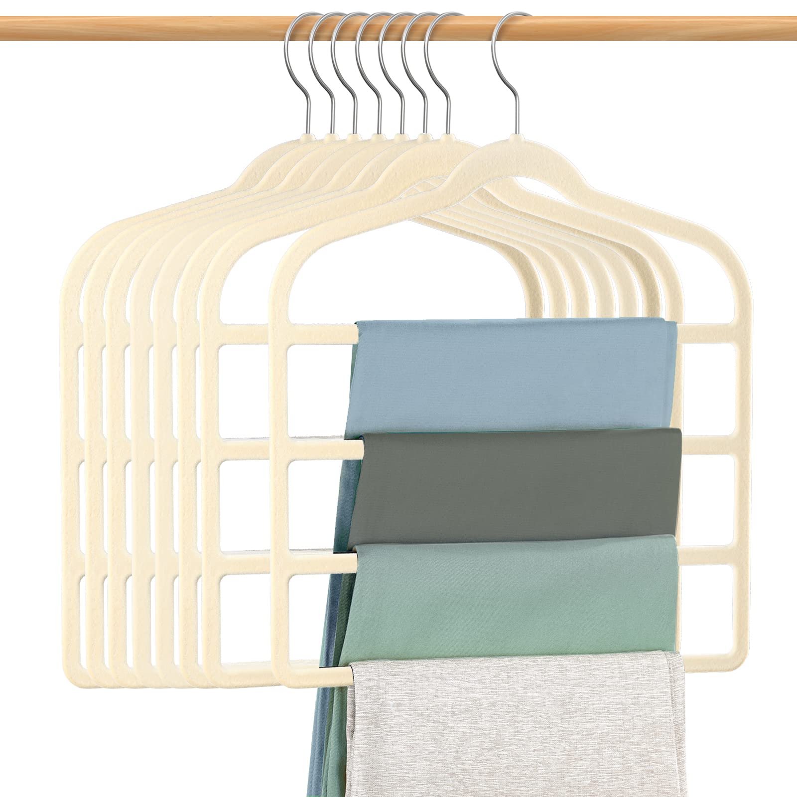 Velvet Hangers Space Saving Non Slip Pant Velvet Hangers, Duducofu 8 Pack Beige Velvet Hangers Multi Layer Clothes Hangers Close