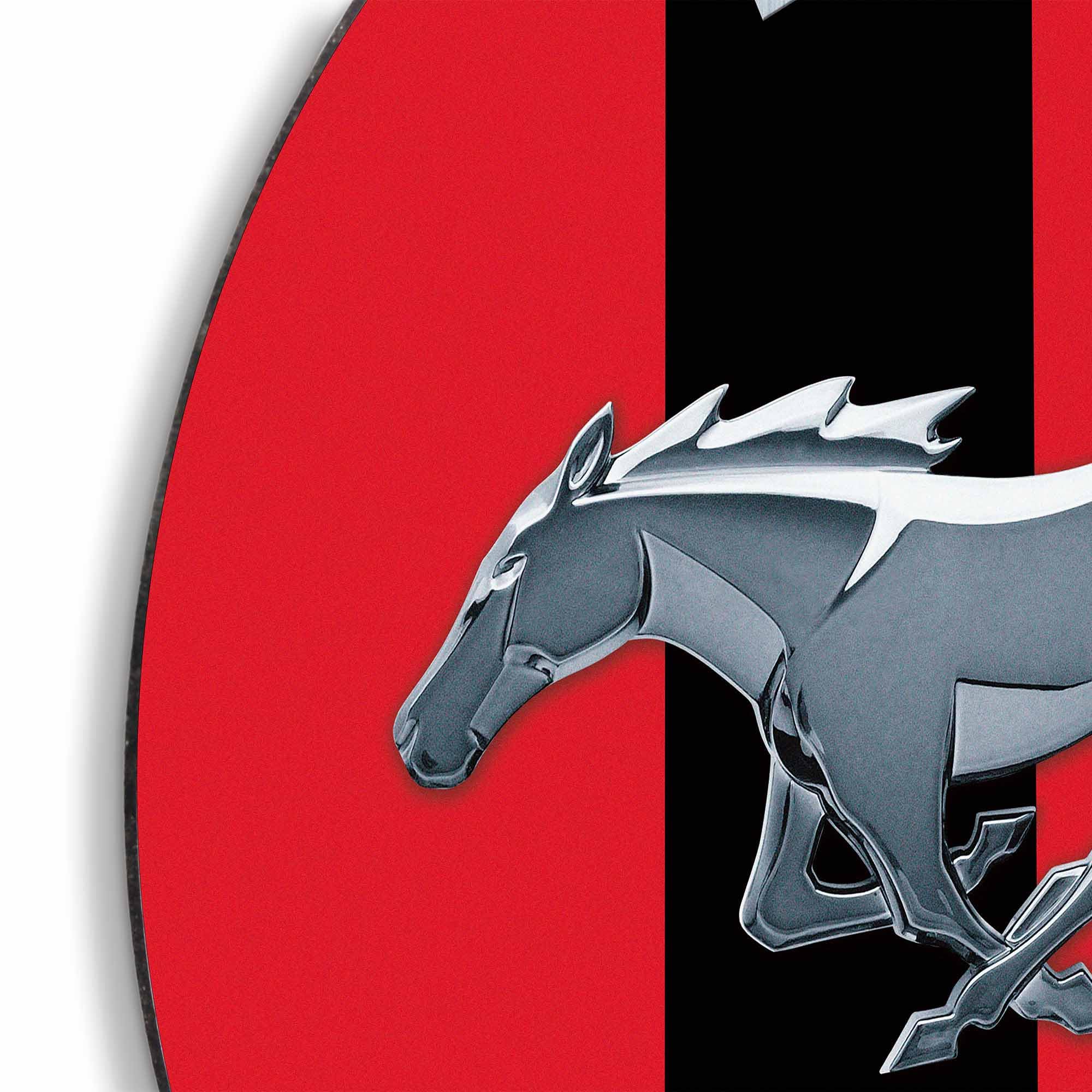 Ford Mustang Round Metal Wall Decor - Iconic Running Horse Logo with Red and Black Racing Stripes