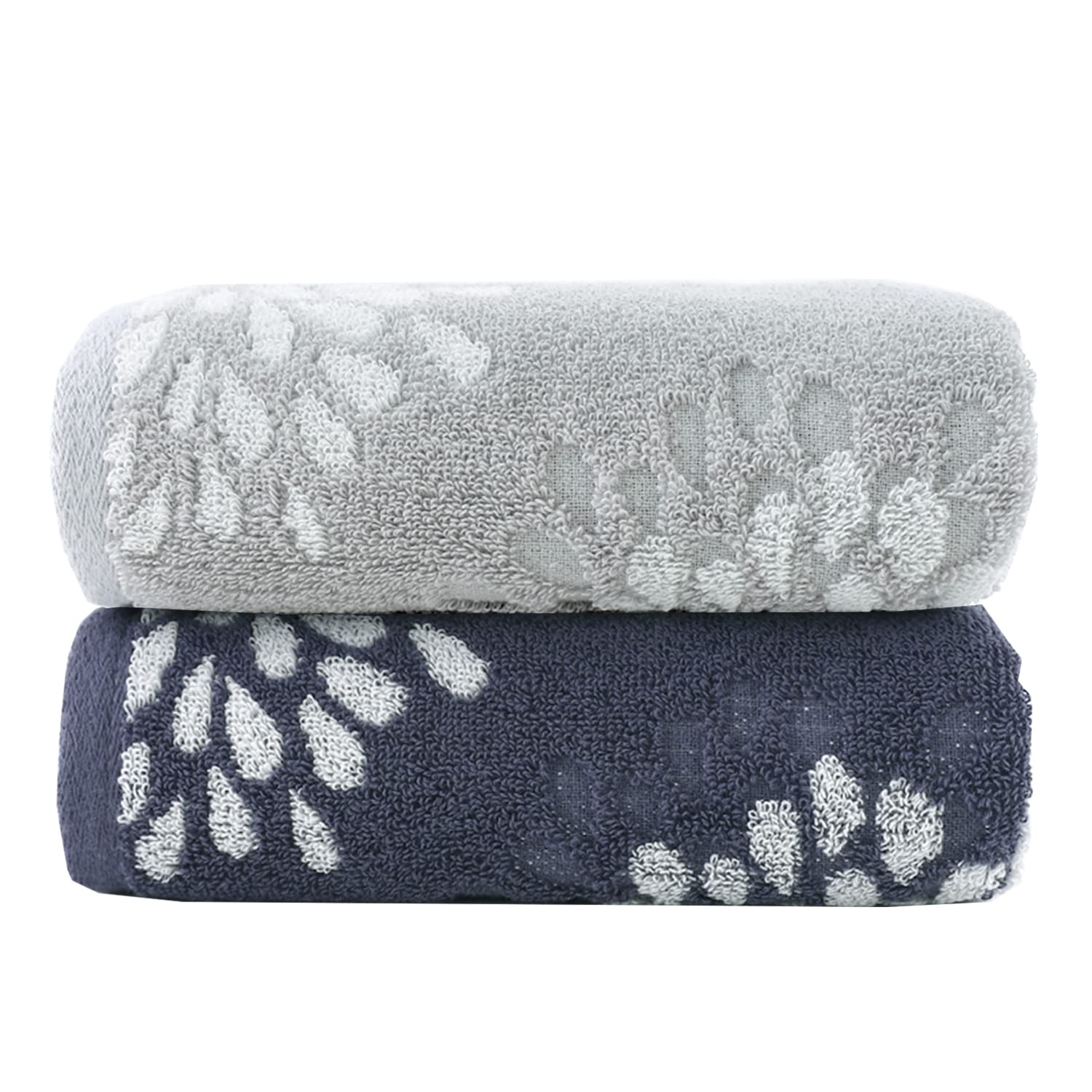 Pidada Hand Towels Set Of 2 Hydrangea Floral Pattern 100% Cotton Absorbent Soft Decorative Towel For Bathroom (Light Grey & Deni