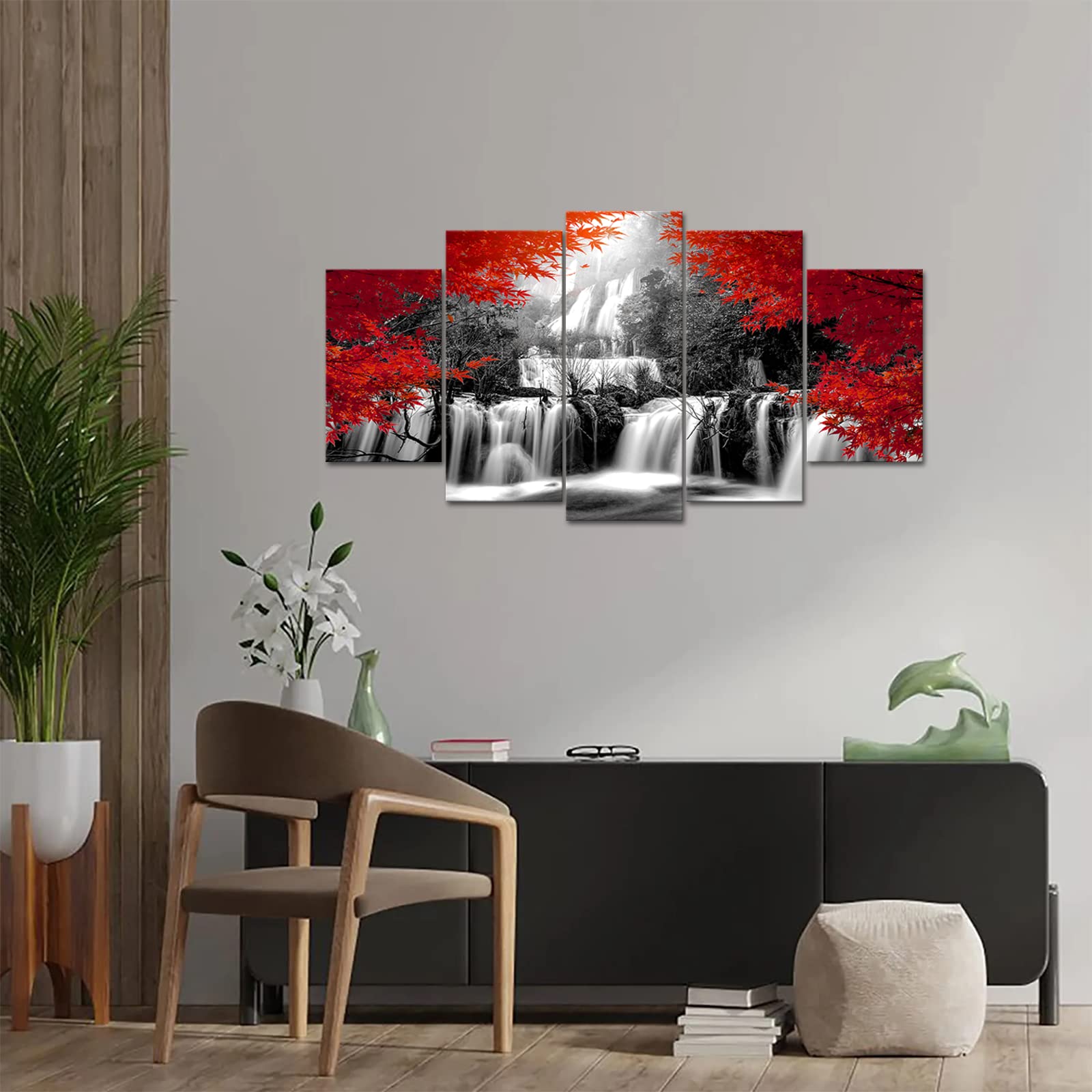 Vanseeing 5 Pieces Autumn Forest Waterfall Canvas Wall Art Red Tree Nature Scenery Picture Dreamlike River Natural Landscape Art