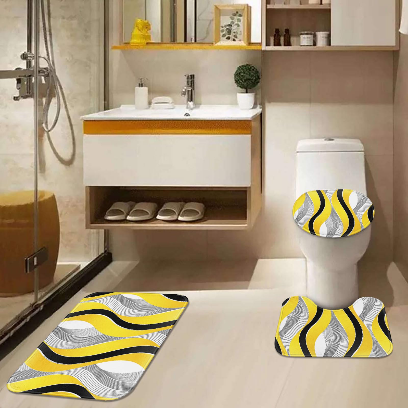 Tayney Yellow Striped Shower Curtain Set - 4 Pcs, 72"W x 72"L, Polyester, Geometric Lines, Includes Toilet Lid Cover & Non-Slip Rugs