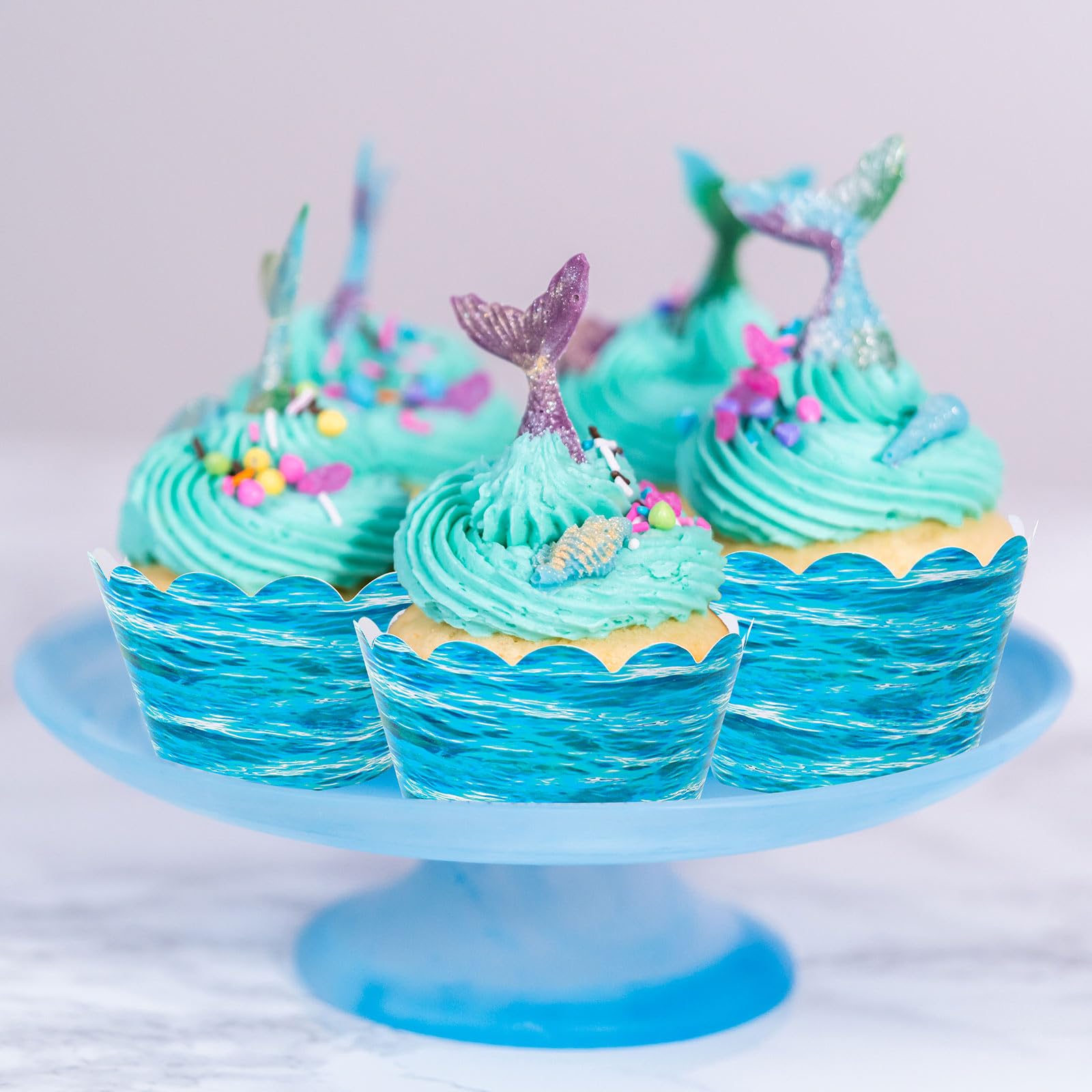 Whaline 48Pcs Ocean Wave Cupcake Wrappers Blue Sea Waves Cupcake Liners Summer Ocean Paper Baking Cup Cupcake Holders For Birthd