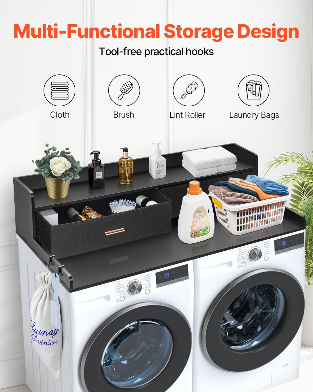 Vevor 2 Drawers Washer Dryer Countertop With Shelf, 54 X 27 Wooden Laundry Countertop With 2 Hooks & Non-Slip Pads, Washer A