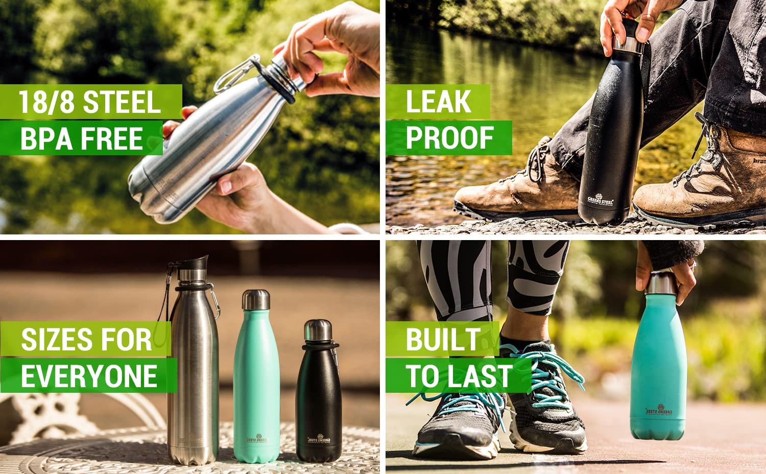Greens Steel Stainless Steel Water Bottle - 17 Oz, Black | Vacuum Insulated Double Wall With Screw Lid/Leak Proof | Thermal Trav