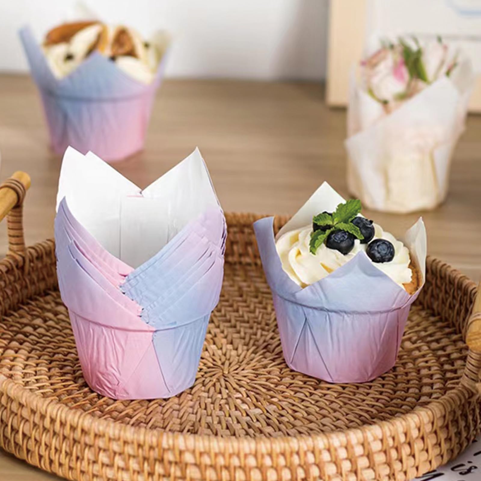 Srivija 100Pcs Greaseproof Paper Muffin Liners,Tulip Cupcake Liners,Baking Liners,Premium Baking Cups Cupcake Wrappers For Party