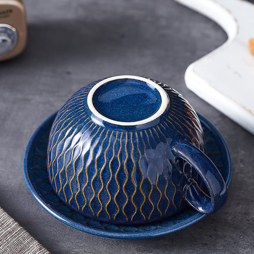 Coffeezone Vintage Design 12 Oz Ceramic Latte Art Cappuccino Barista Cup With Saucer (Embossed Blue)