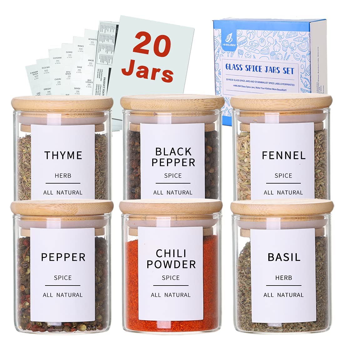 Glass Spice Jars With Bamboo Lids - 20 Pcs Thicken(2.4Mm) 4Oz Airtight Seasoning Containers With 131 Waterproof Minimalist Spice