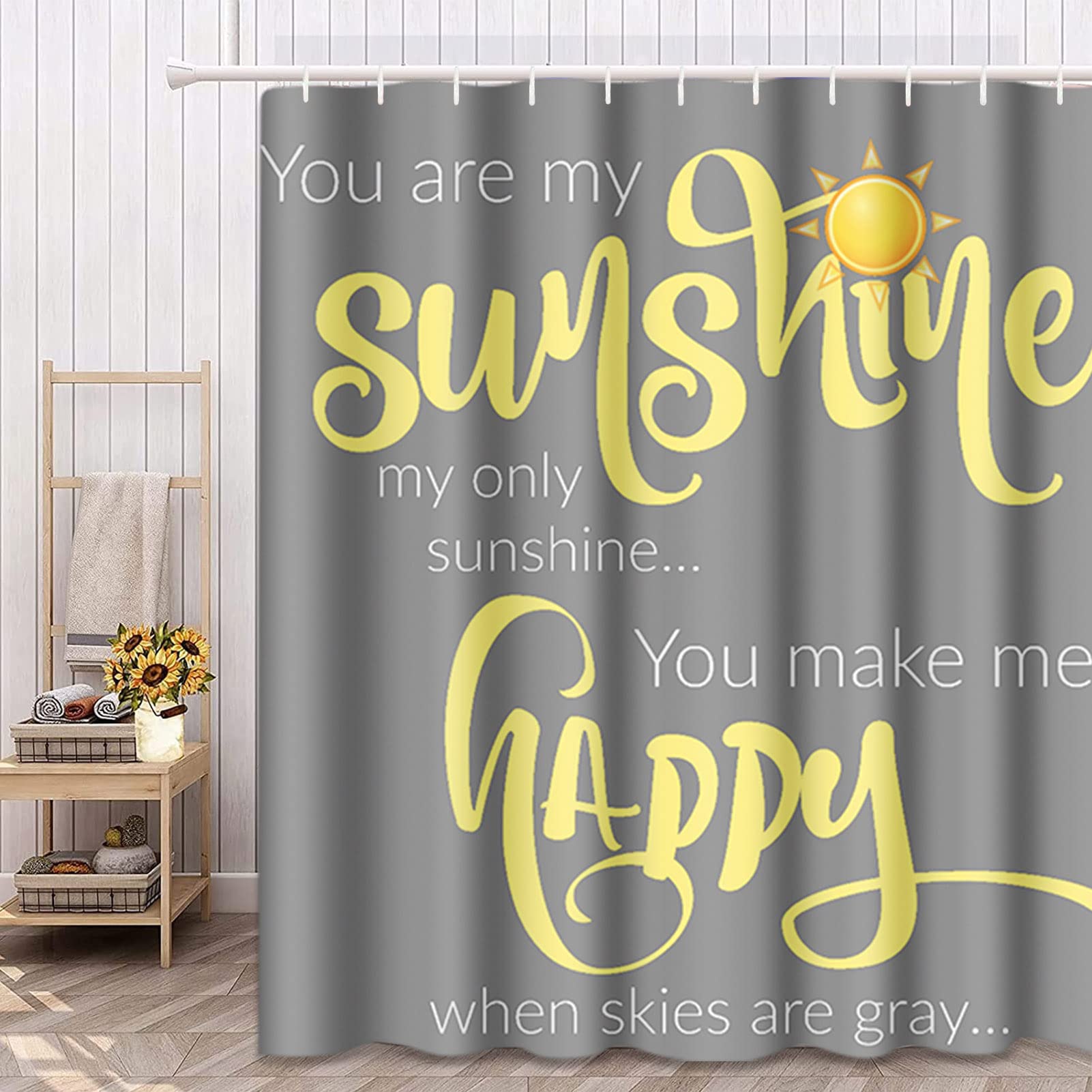 Semtomn Shower Curtain You Are My Sunshine Yellow Gray 66''X72'' Home Decor Waterproof Bath Bathroom Curtain Set With Hooks