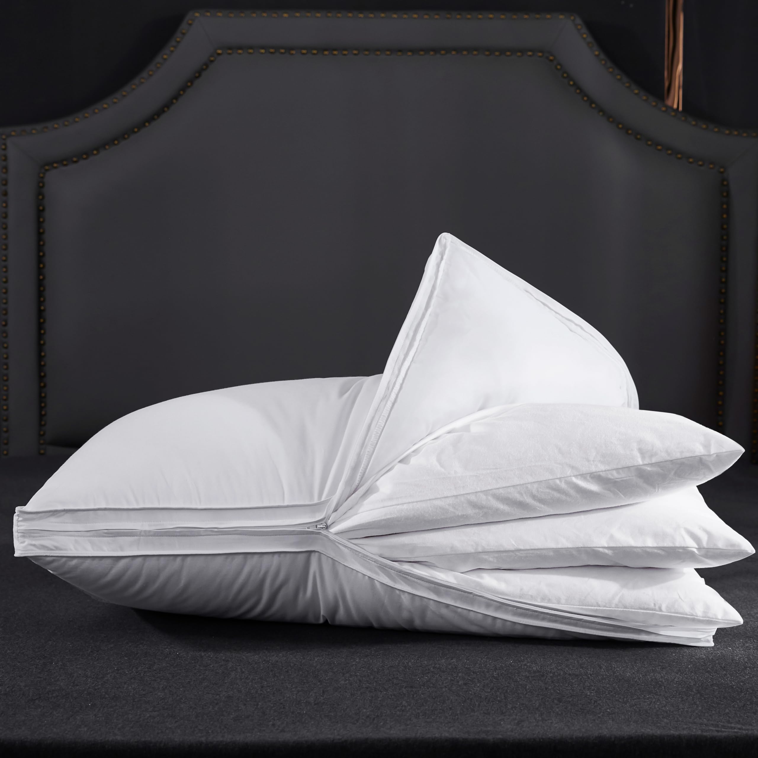 Three Geese Adjustable Layer Goose Feather Pillow,Assemblable Bed Pillow,100% Soft Organic Cotton Cover,Good For Side And Back S