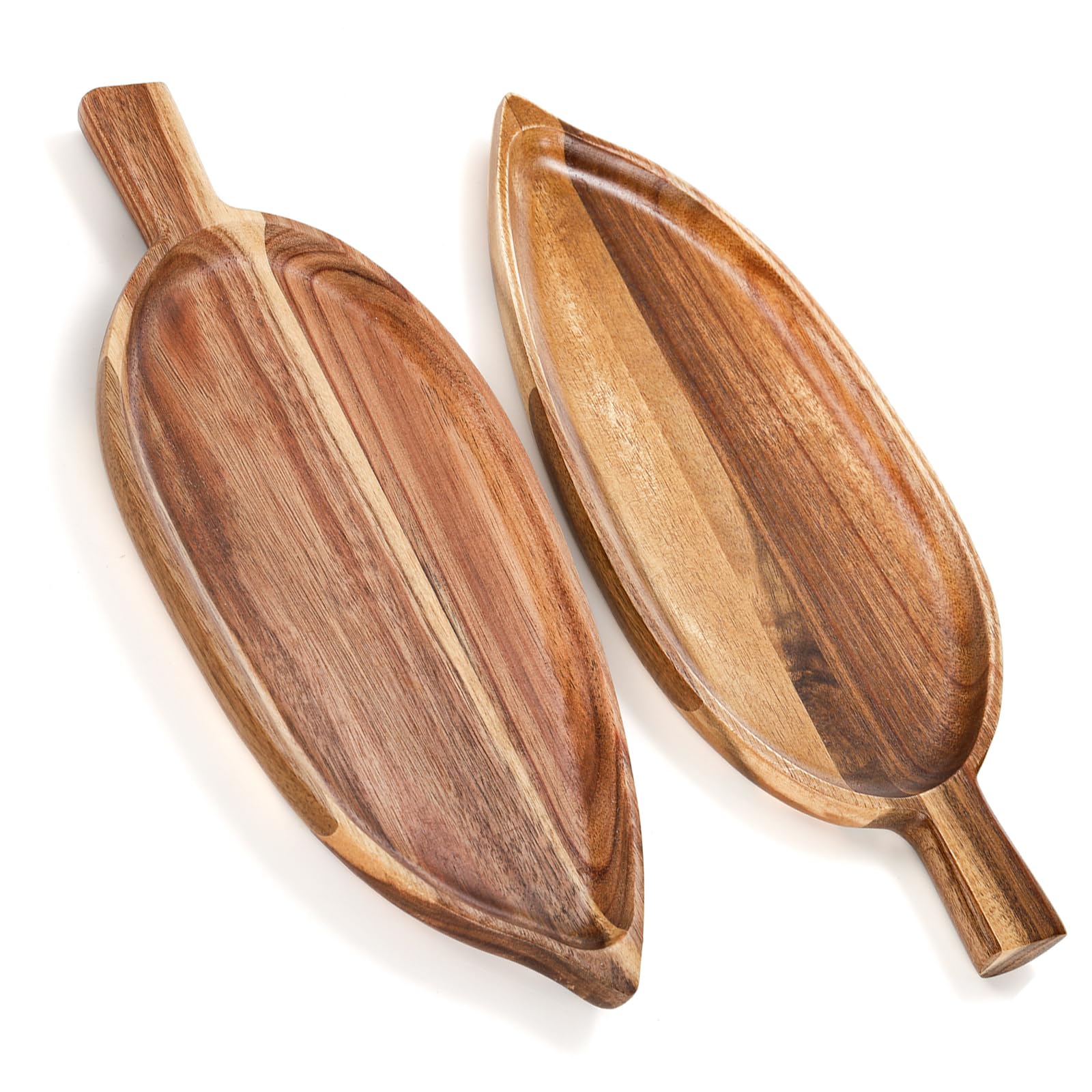 Youeon 2 Pcs Acacia Wood Serving Trays, 13'' X 5.5'' Leaf Shaped Wooden Trays For Decor, Novelty Trays For Food Serving, Small C