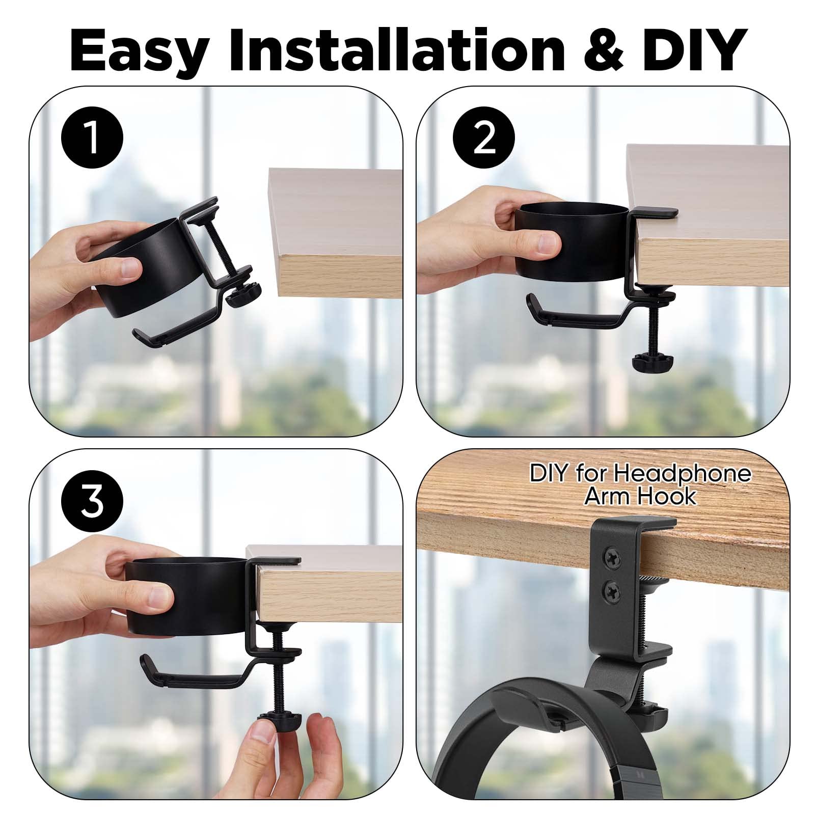 Desk Cup Holder, Ookuu 2 In 1 Desk Cup Holder With Headphone Hanger, Anti-Spill Cup Holder For Desk Or Table, Easy To Install, S