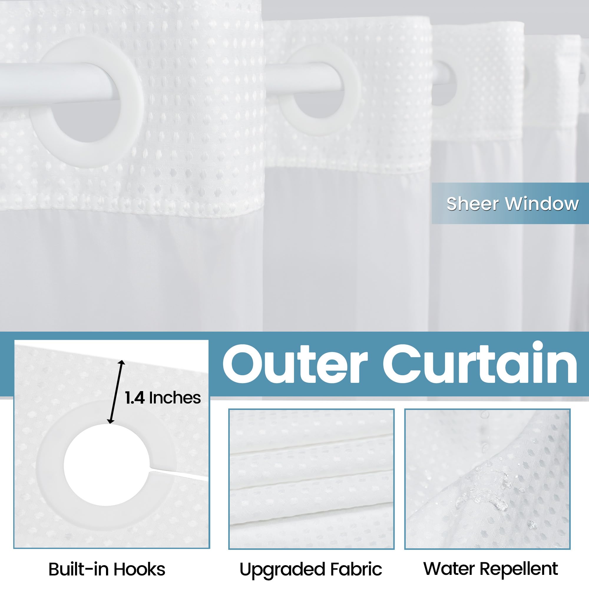 Eutxl Stall No Hook Shower Curtain With Snap In Liner,230Gsm Waffle Weave Shower Curtains For Bathroom,36W X 74H,White