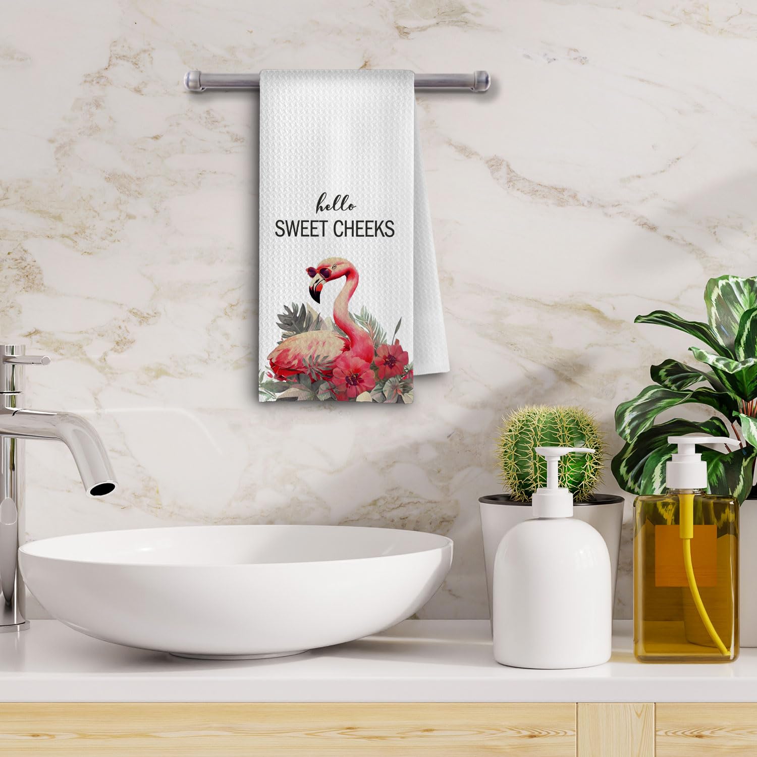 GCFET Flamingo Bathroom Decor Towels - Hello Sweet Cheeks Hand Towels, Pink Flamingo Gifts for Women Girls, 16x24 Inch