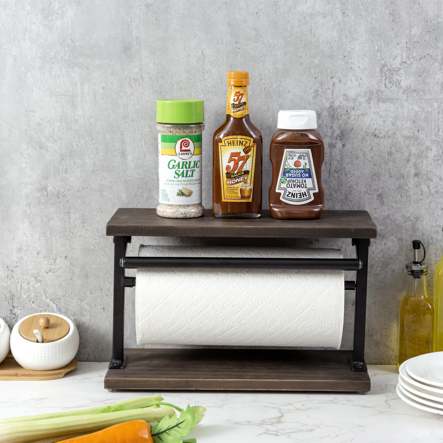 MyGift Rustic Burnt Wood Kitchen Countertop Paper Towel Holder & Condiment Shelf Rack, Metal Dispenser, Model KIT2930DKBRN