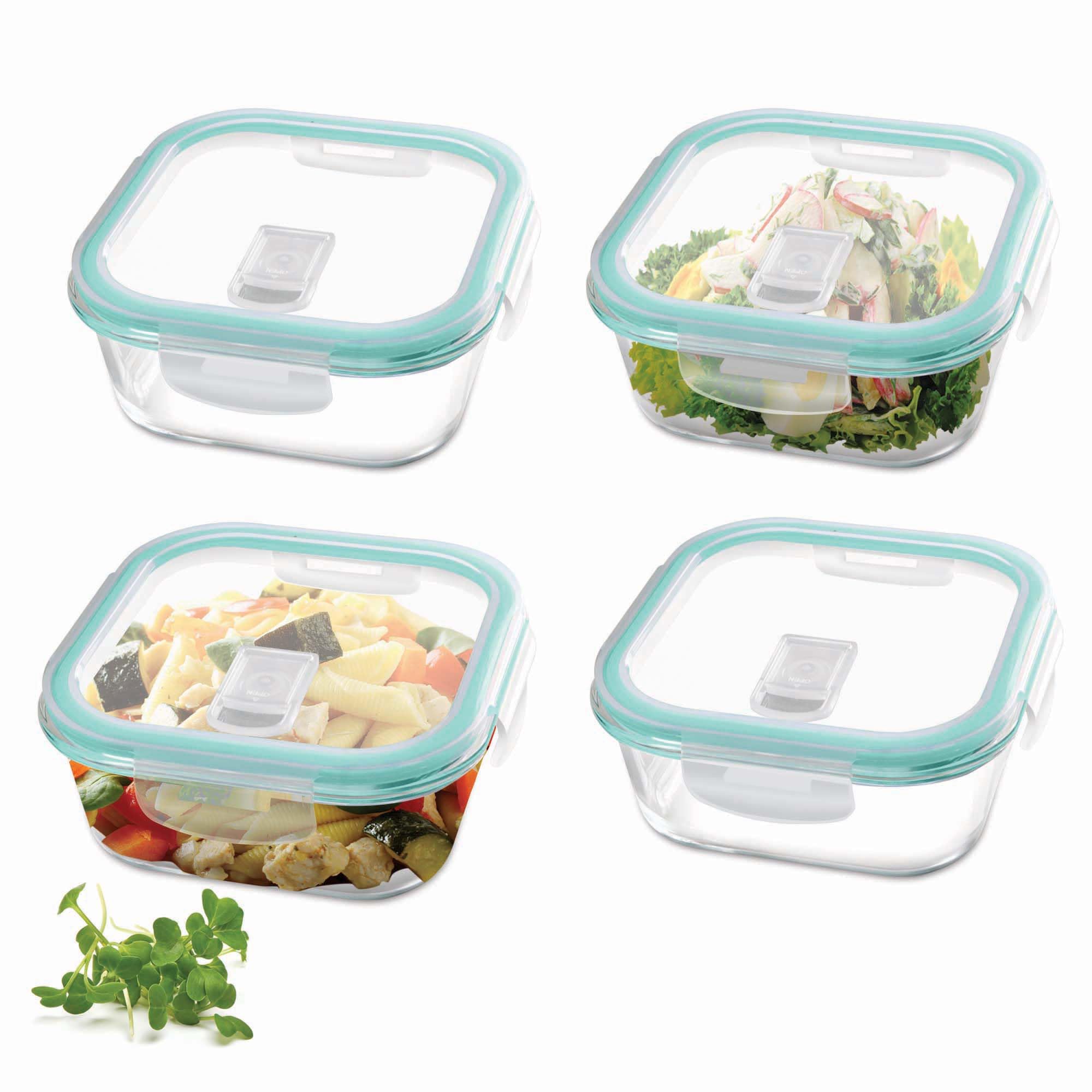 Treo By Milton Hi Borosilicate Clip Fresh Square Glass Container, Set Of 4, 320 Ml Each, Transparent | Bpa Free | Microwave Safe