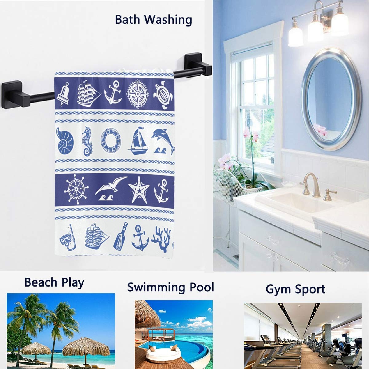 Naanle Stylish Nautical Sea Symbols Pattern Soft Absorbent Guest Hand Towels For Bathroom, Hotel, Gym And Spa (16 X 30 Inches,Bl