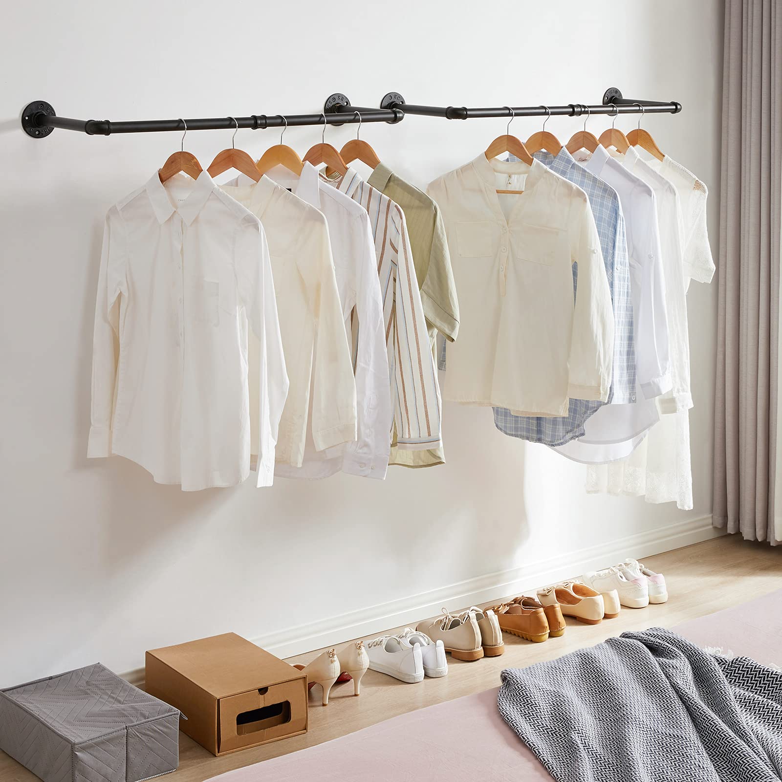 Ibuyke Industrial Pipe Clothes Rack Set Of 2, 37 Inch Wall Mounted Clothing Rack, Space-Saving Hanging Closet Rod, Heavy Duty Mu