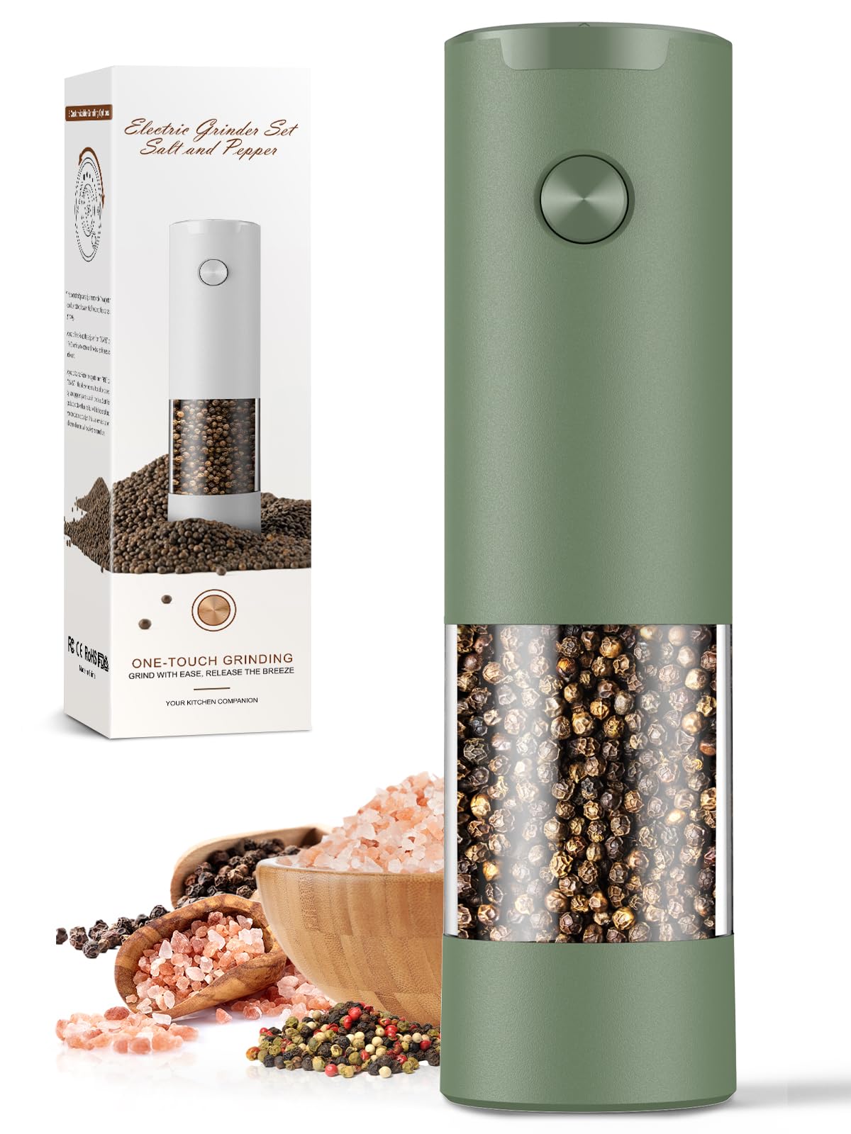1 Pack Salt and Pepper Grinder-Mom Gifts, Electric Automatic Green Salt Pepper Shakers Home Kitchen Gadgets for New Home, Adjust