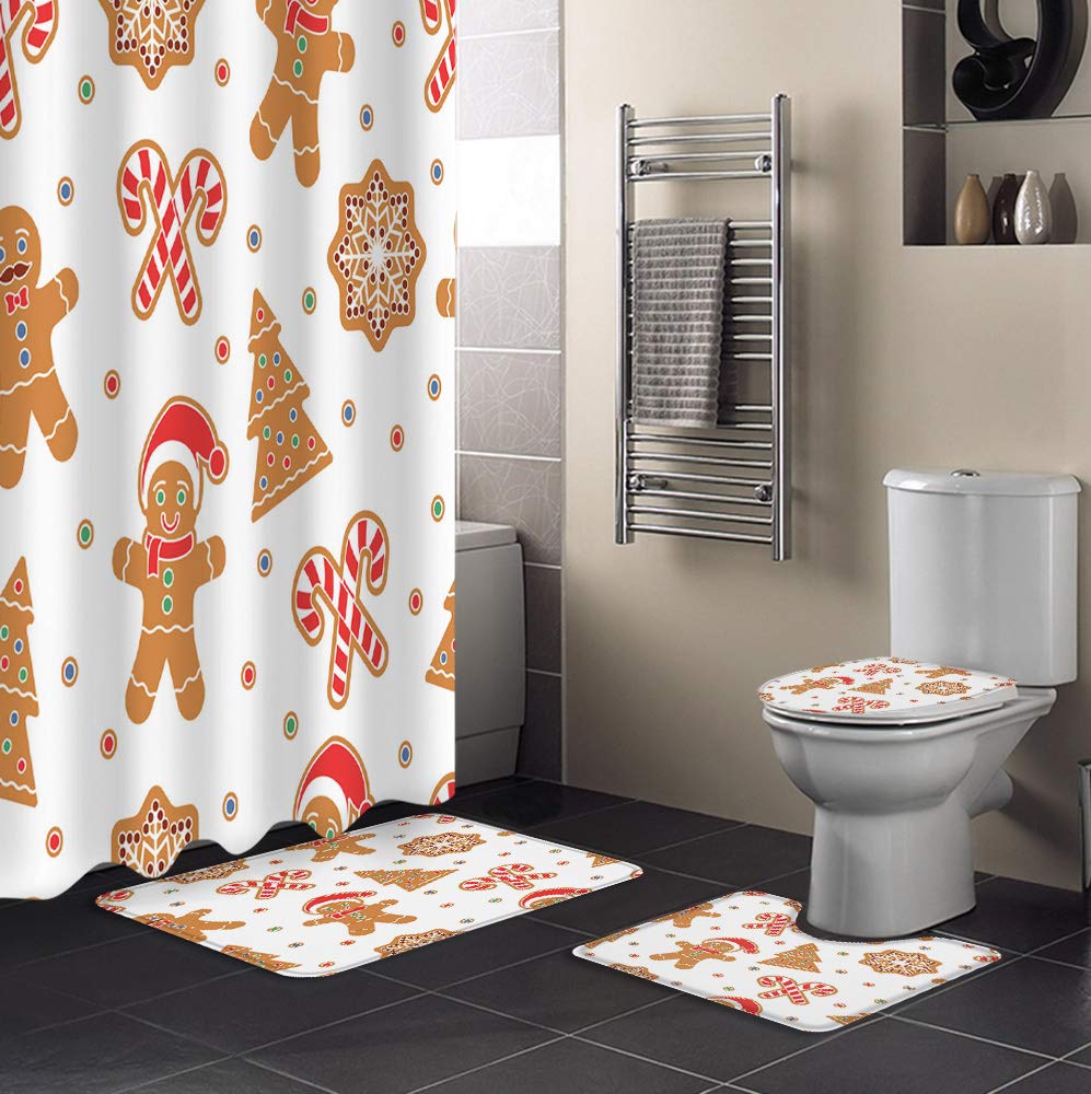 4 Pcs Shower Curtain Sets With Non-Slip Rug, Toilet Lid Cover & Bath Mat, Christmas Element Gingerbread Man Candy Stick Snowflak