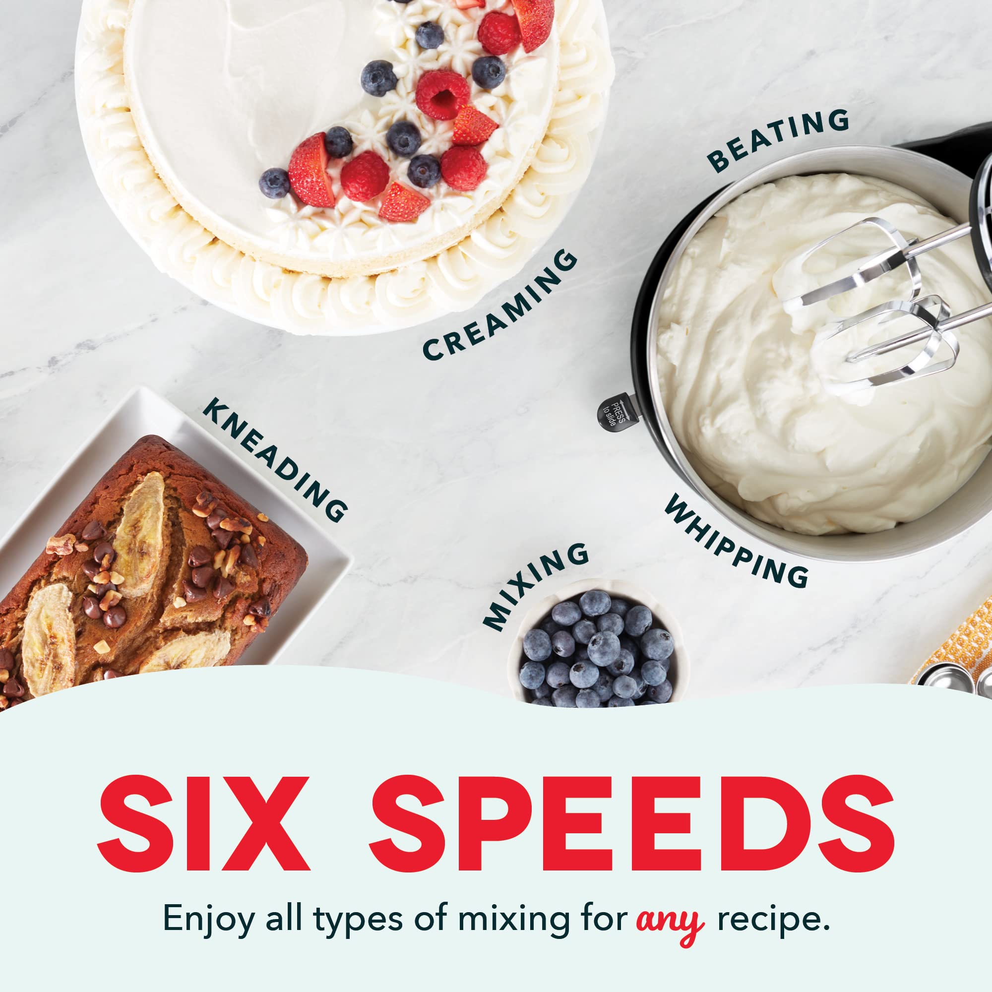 Dash Stand Mixer (Electric Mixer For Everyday Use): 6 Speed Stand Mixer With 3 Qt Stainless Steel Mixing Bowl, Dough Hooks & Mix