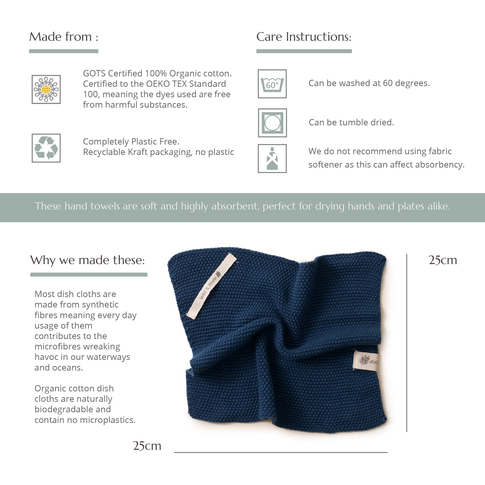 Wild & Stone | Organic Cotton Dish Cloth | Eco-Friendly Kitchen Cloth | Biodegradable & Compostable Cleaning Cloth | Beach Sand